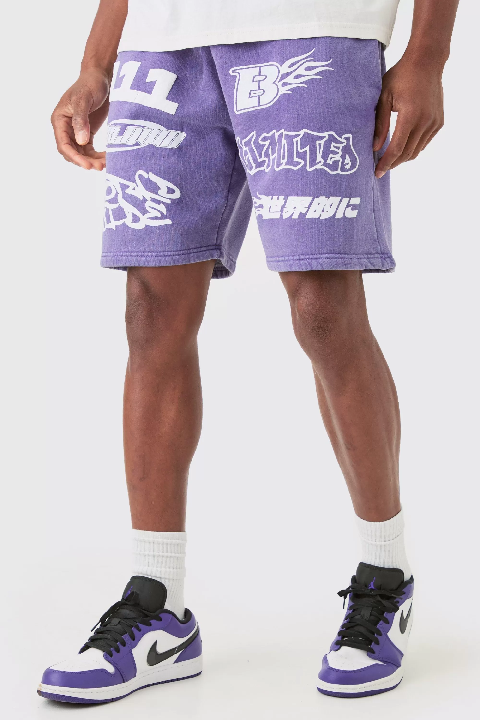 boohooMAN Relaxed Moto Puff Print Washed Shorts | UK