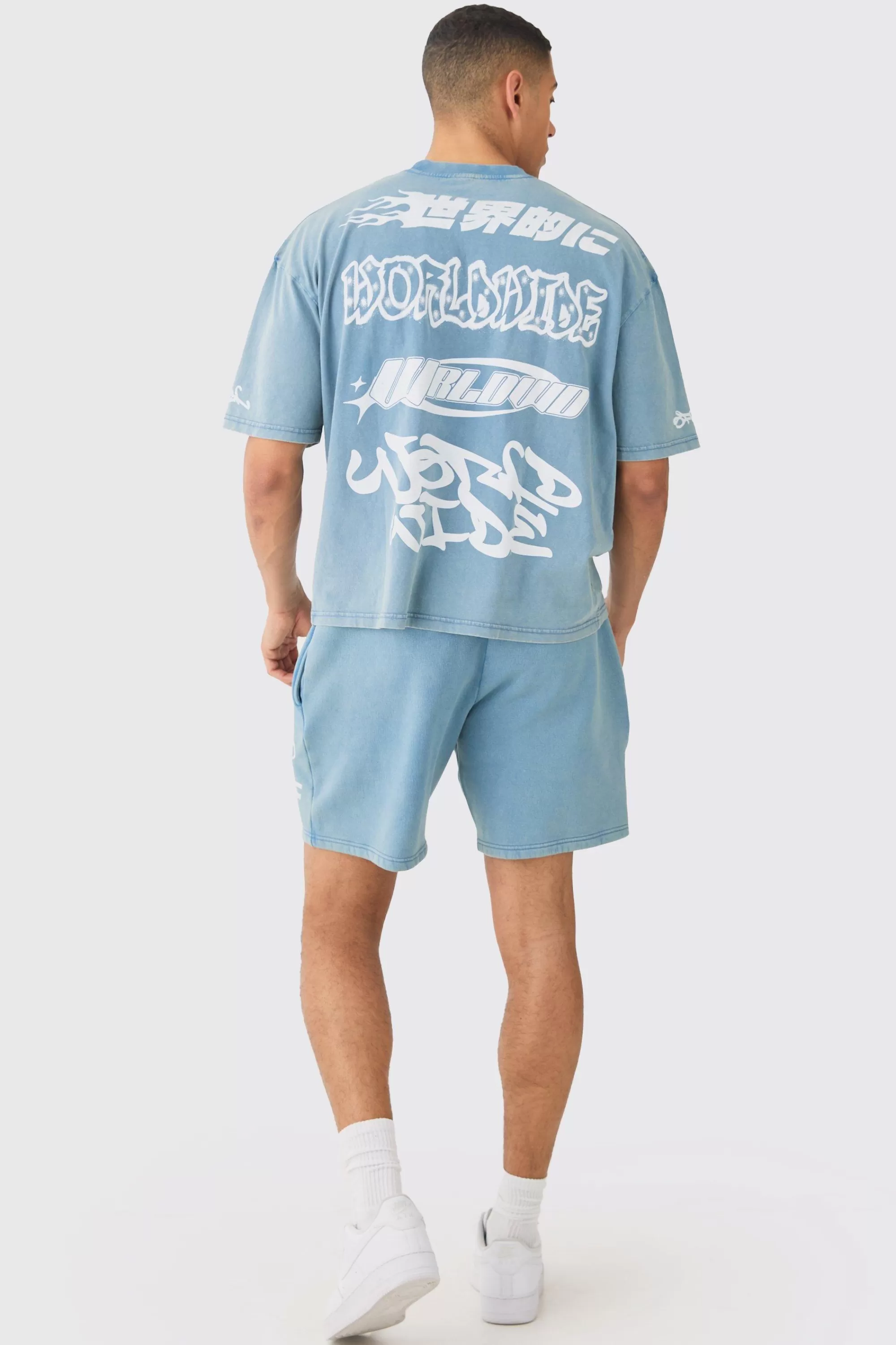 boohooMAN Relaxed Moto Puff Print Washed Shorts | UK