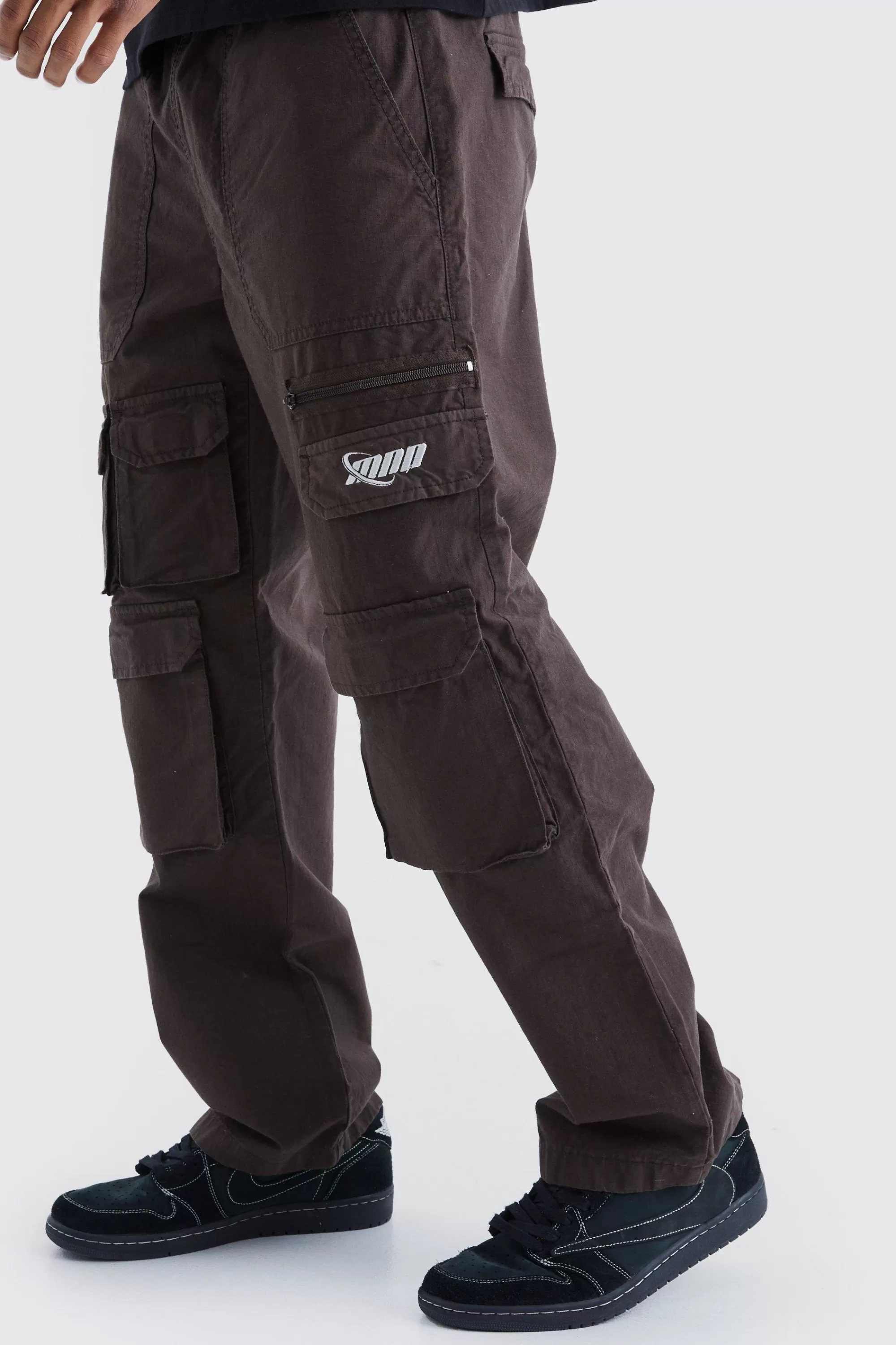 boohooMAN Relaxed Multi Cargo Ripstop Trouser With Tonal Embroidery | UK