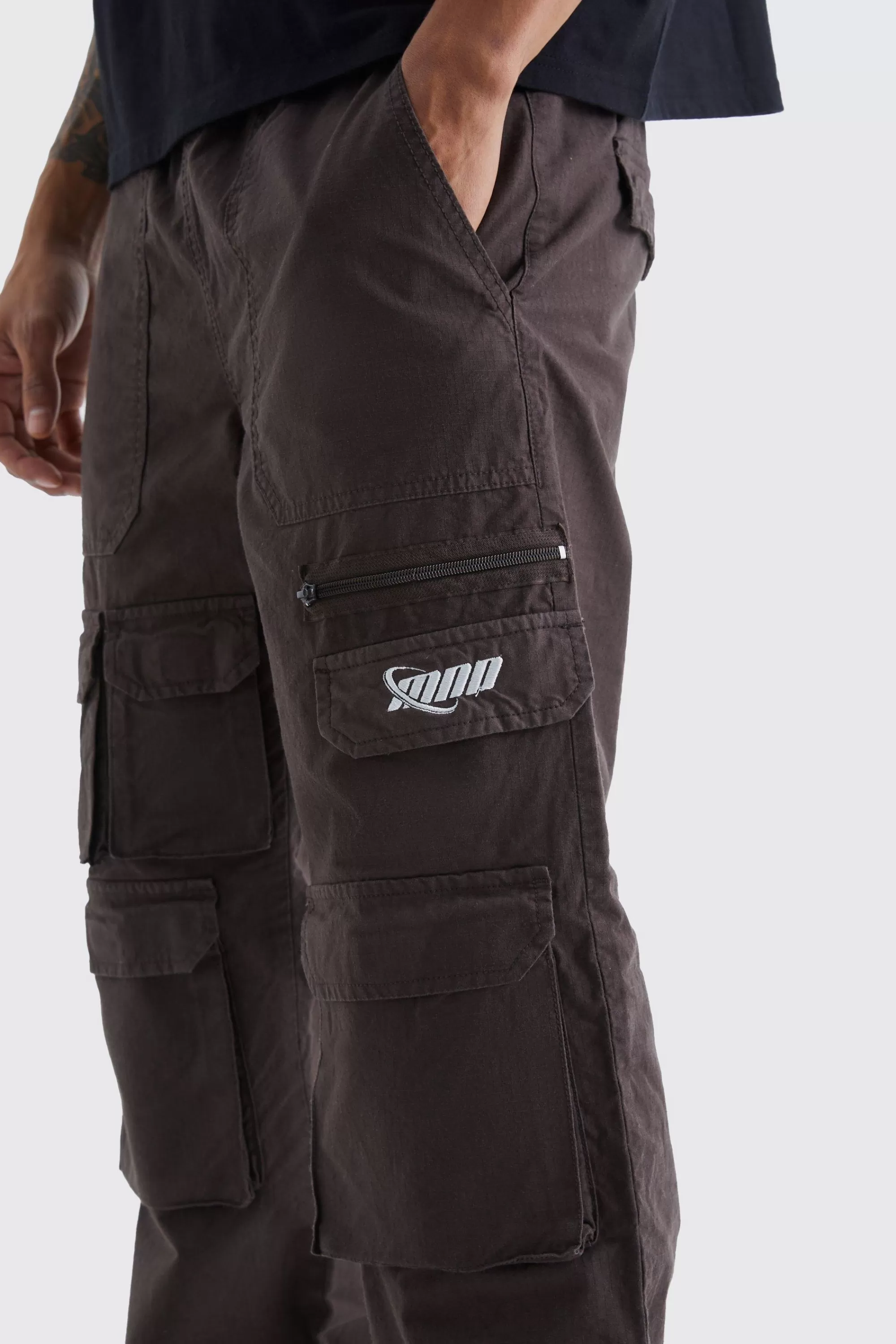boohooMAN Relaxed Multi Cargo Ripstop Trouser With Tonal Embroidery | UK