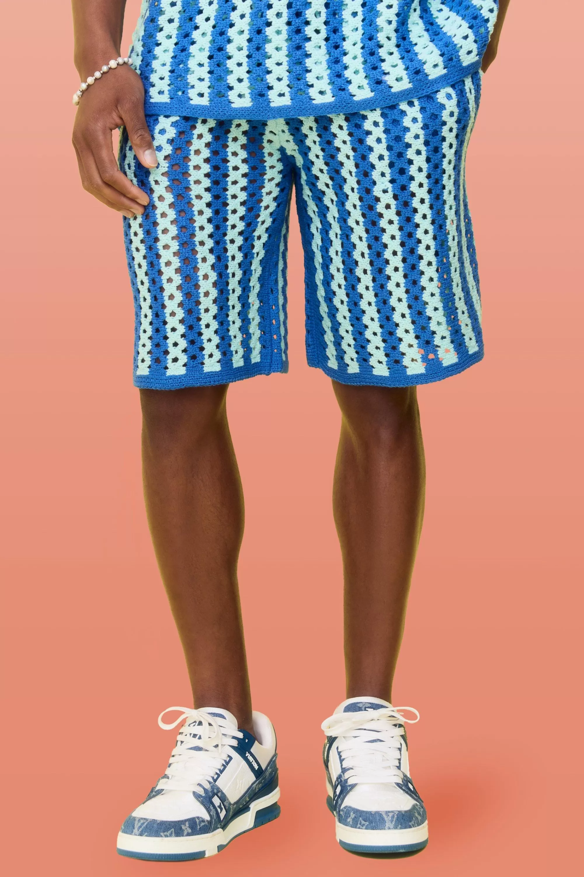 boohooMAN Relaxed Open Stitch Stripe Knitted Shorts | UK