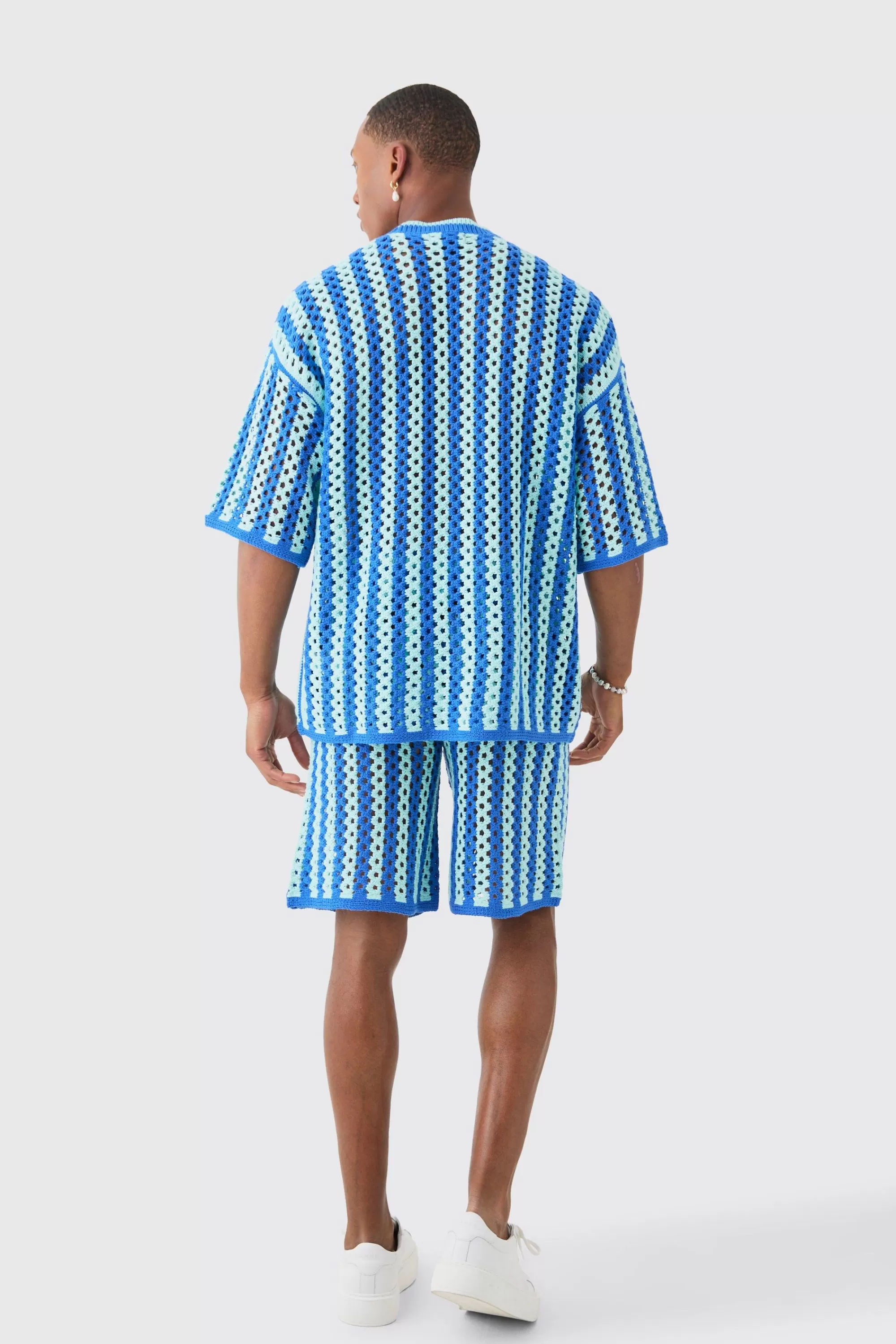 boohooMAN Relaxed Open Stitch Stripe Knitted Shorts | UK