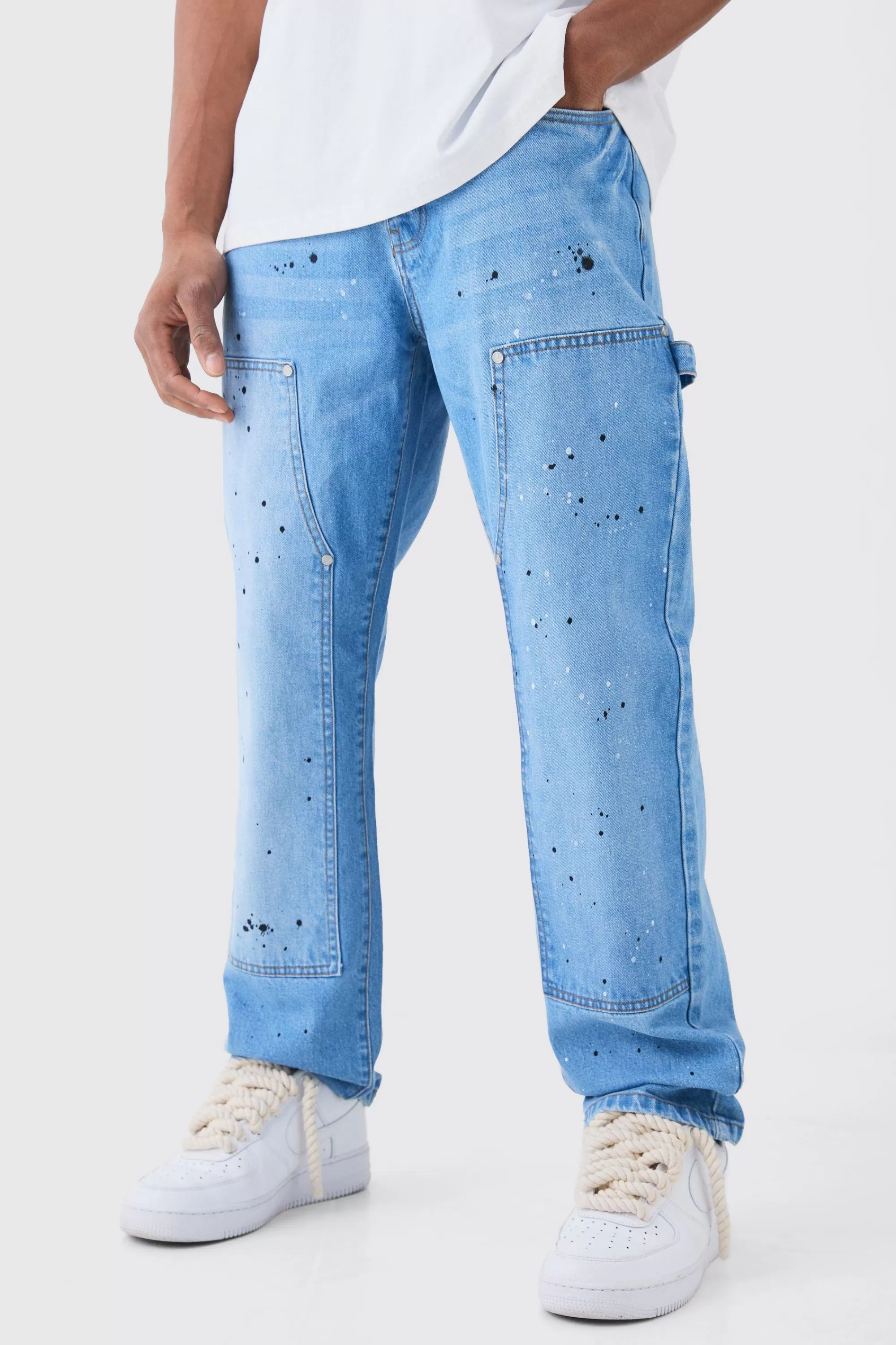 boohooMAN Relaxed Rigid Carpenter Paint Splatter Jeans | UK