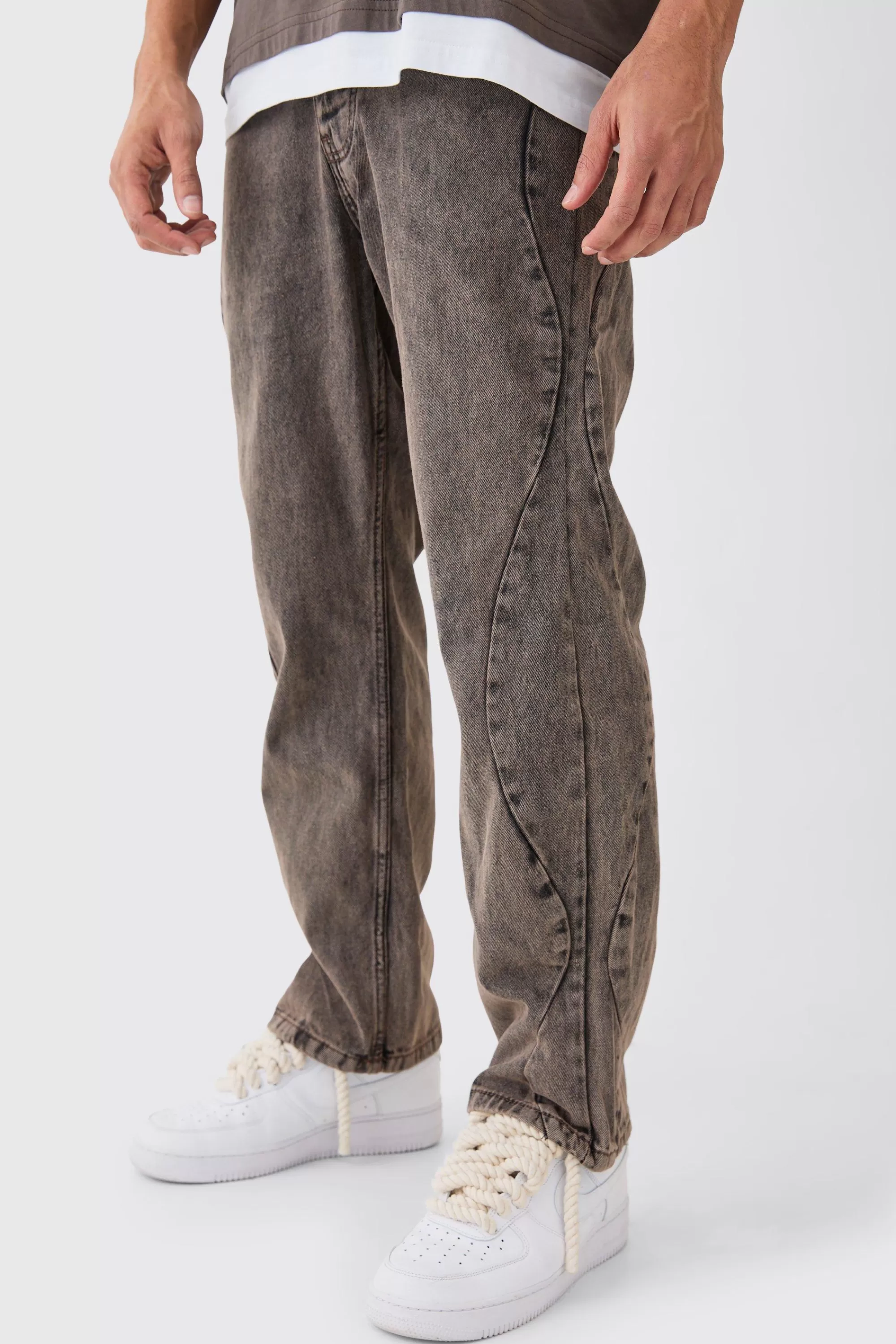 boohooMAN Relaxed Rigid Curved Side Seam Overdyed Jeans | UK