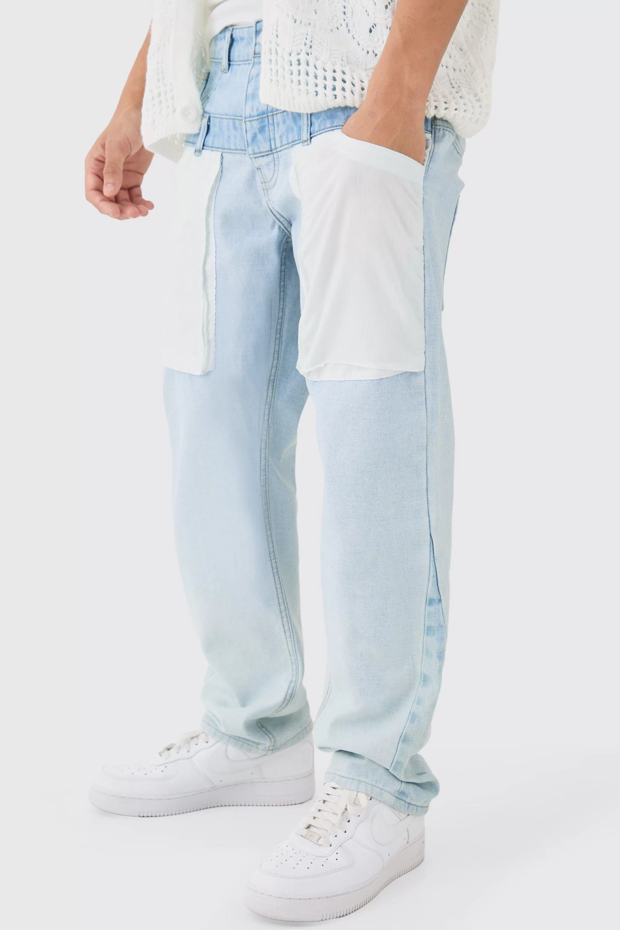 boohooMAN Relaxed Rigid Double Waistband Reverse Cut & Sew Denim Jean | UK