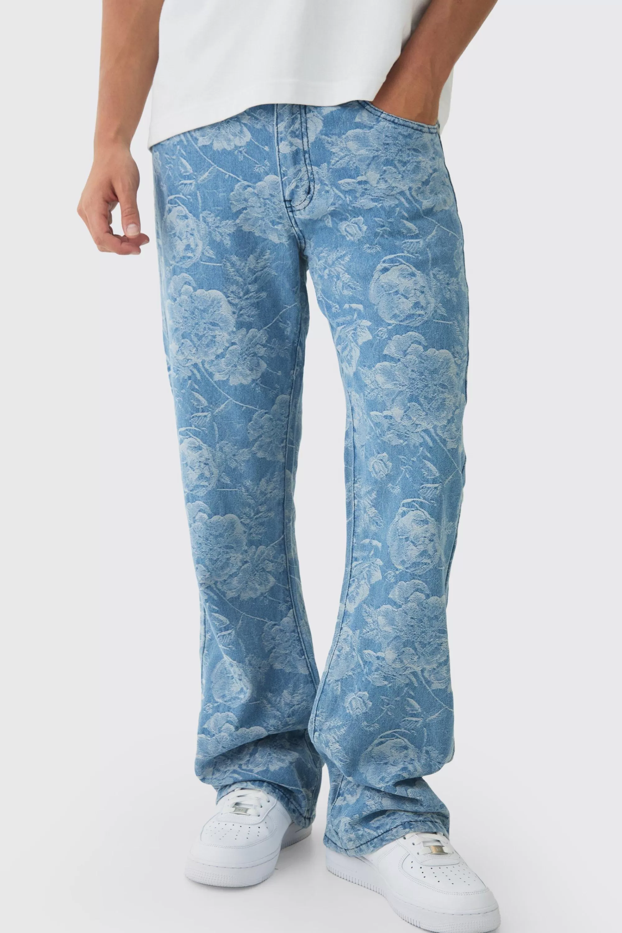 boohooMAN Relaxed Rigid Flare Floral Jacquard Jeans | UK