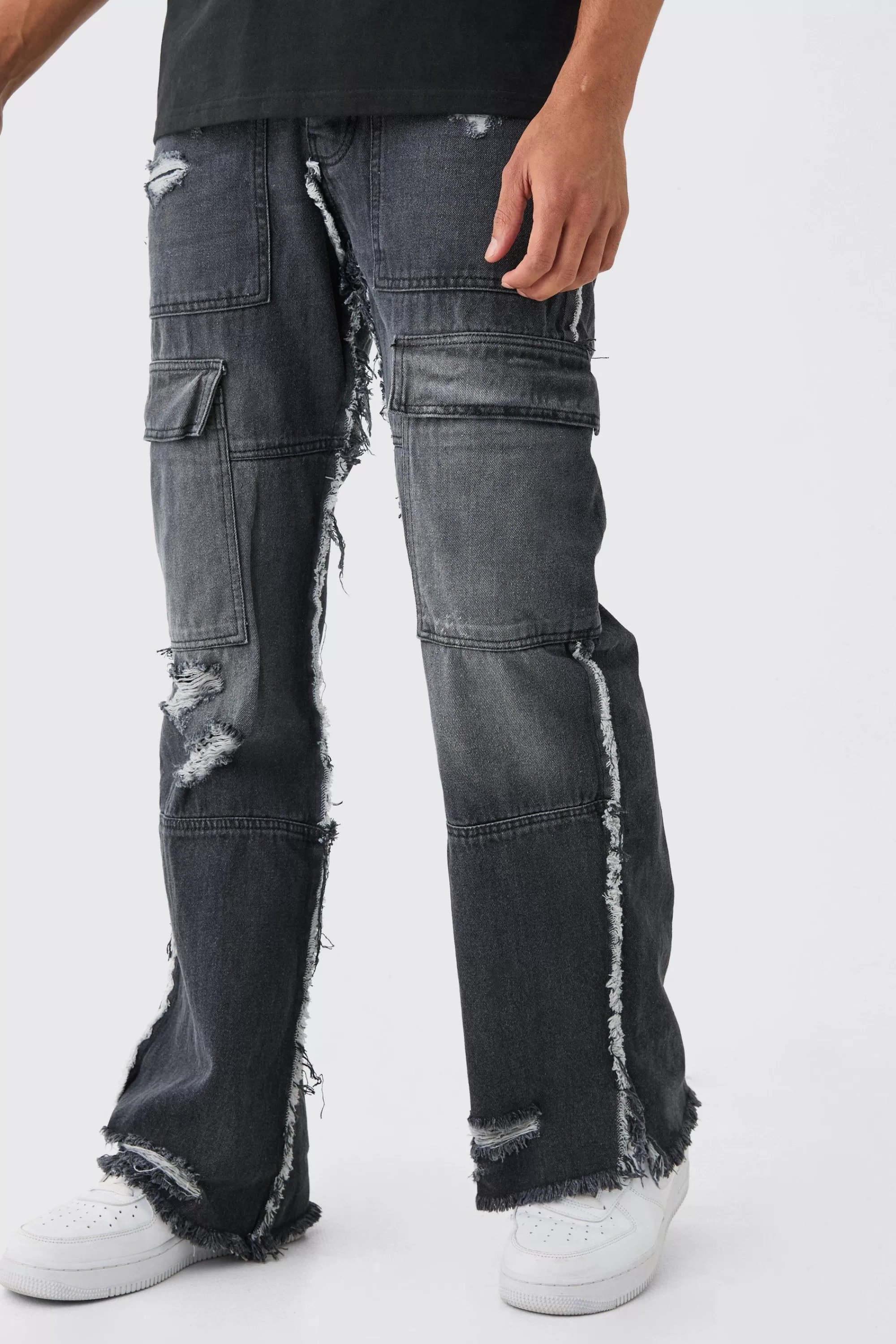 boohooMAN Relaxed Rigid Flare Frayed Edge Cargo Jeans | UK