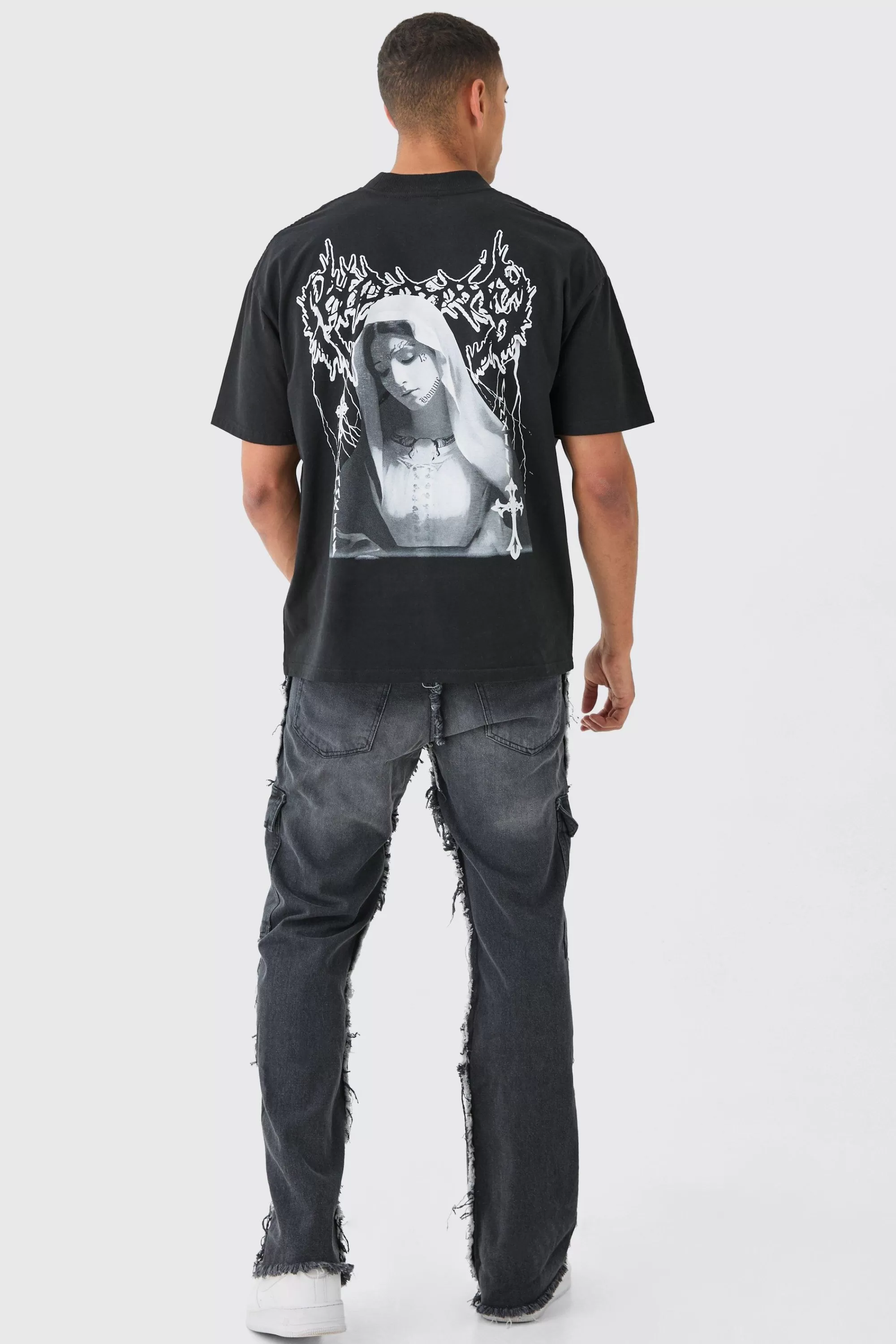 boohooMAN Relaxed Rigid Flare Frayed Edge Cargo Jeans | UK