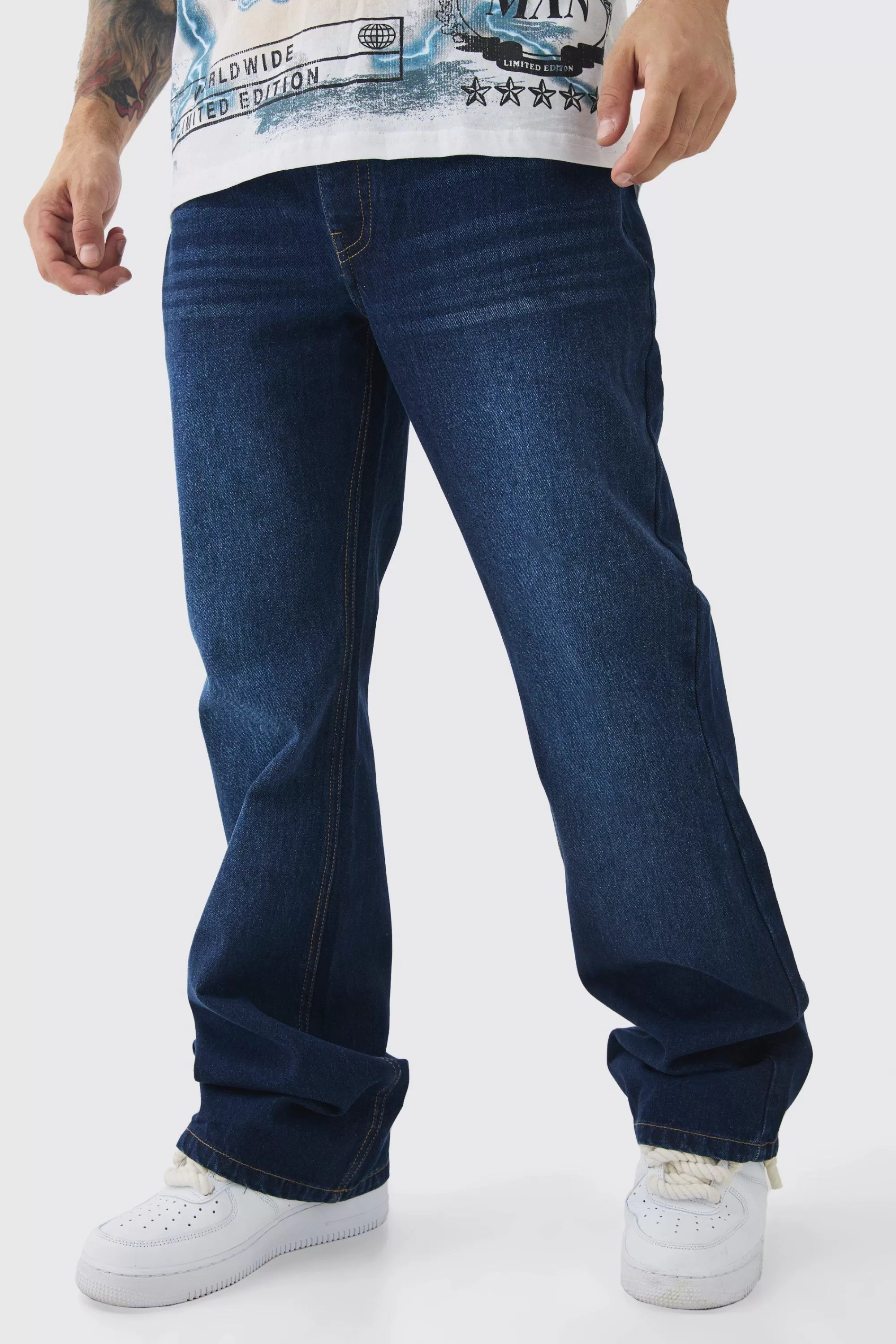 boohooMAN Relaxed Rigid Flare Jean In | UK