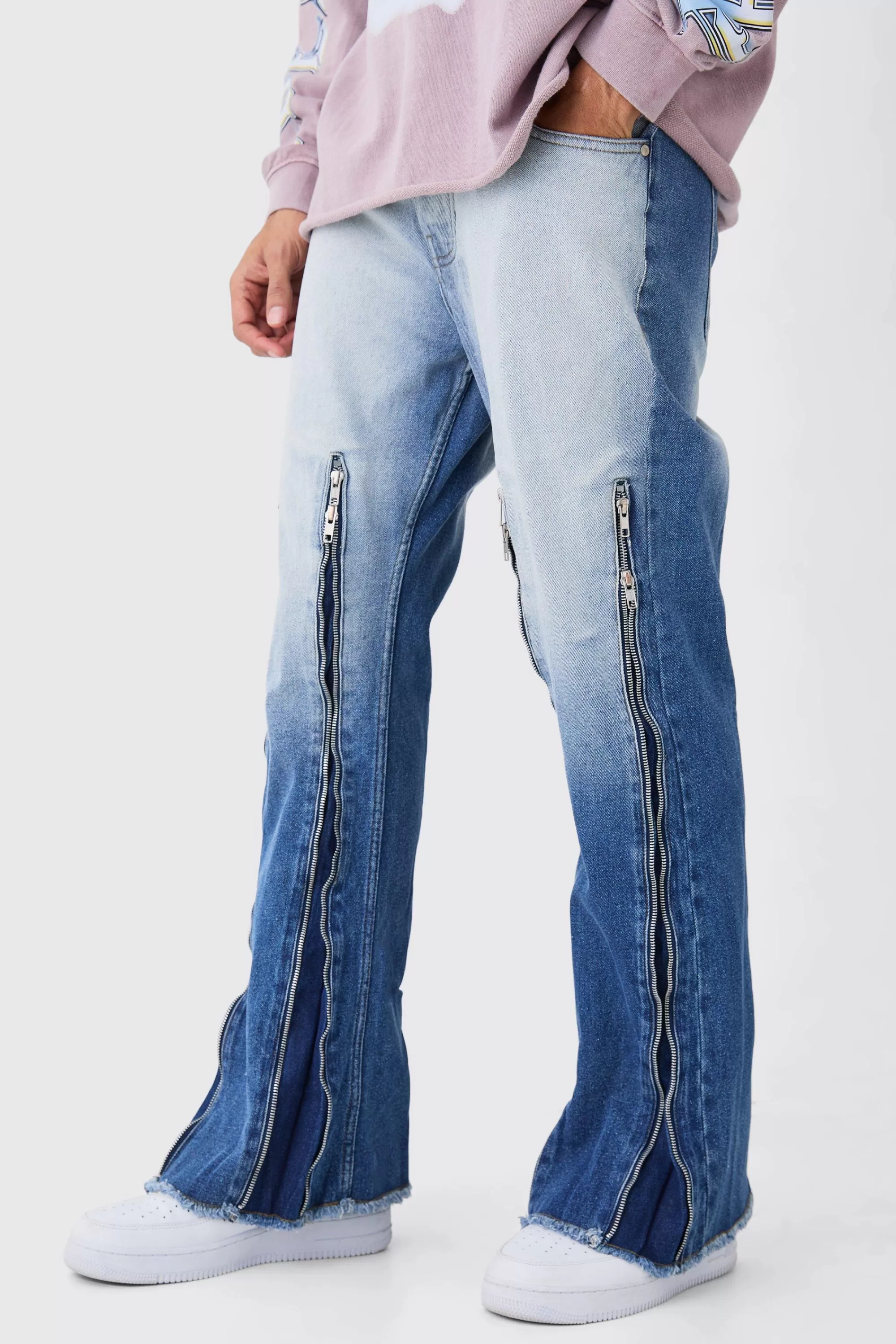 boohooMAN Relaxed Rigid Flare Multi Zip Gusset Jeans In | UK