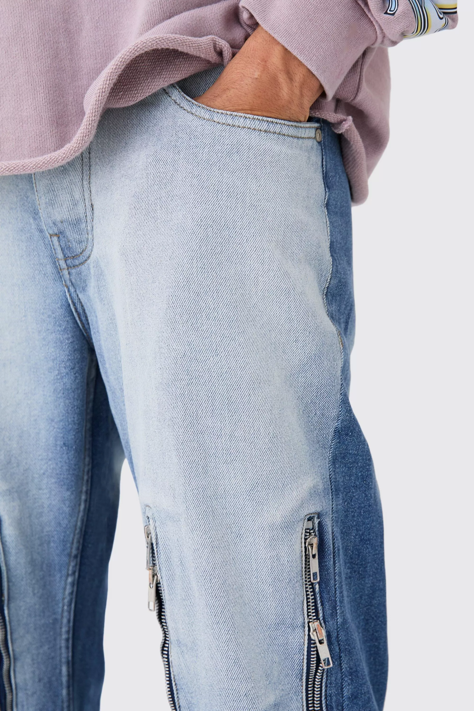 boohooMAN Relaxed Rigid Flare Multi Zip Gusset Jeans In | UK
