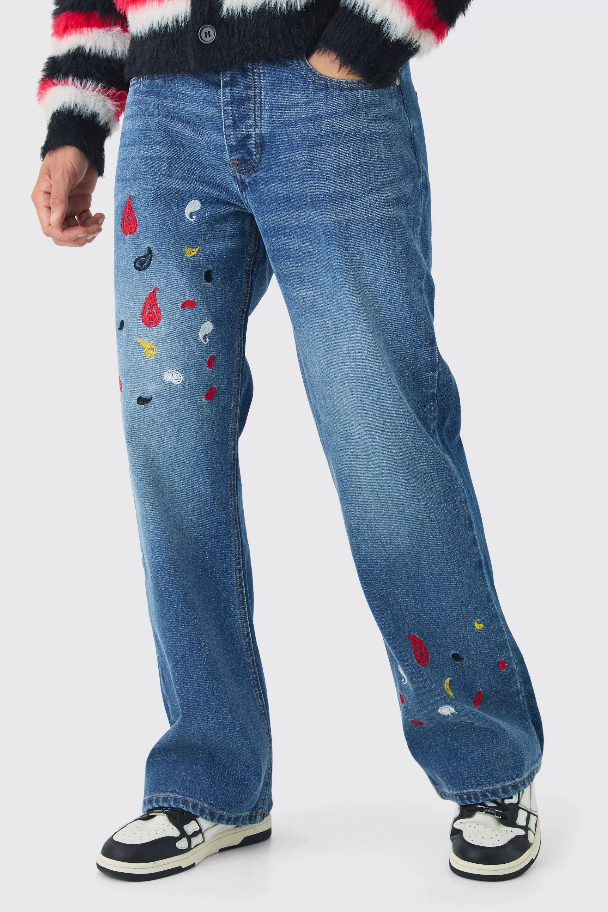 boohooMAN Relaxed Rigid Flare Paisley Embroidered Jeans | UK