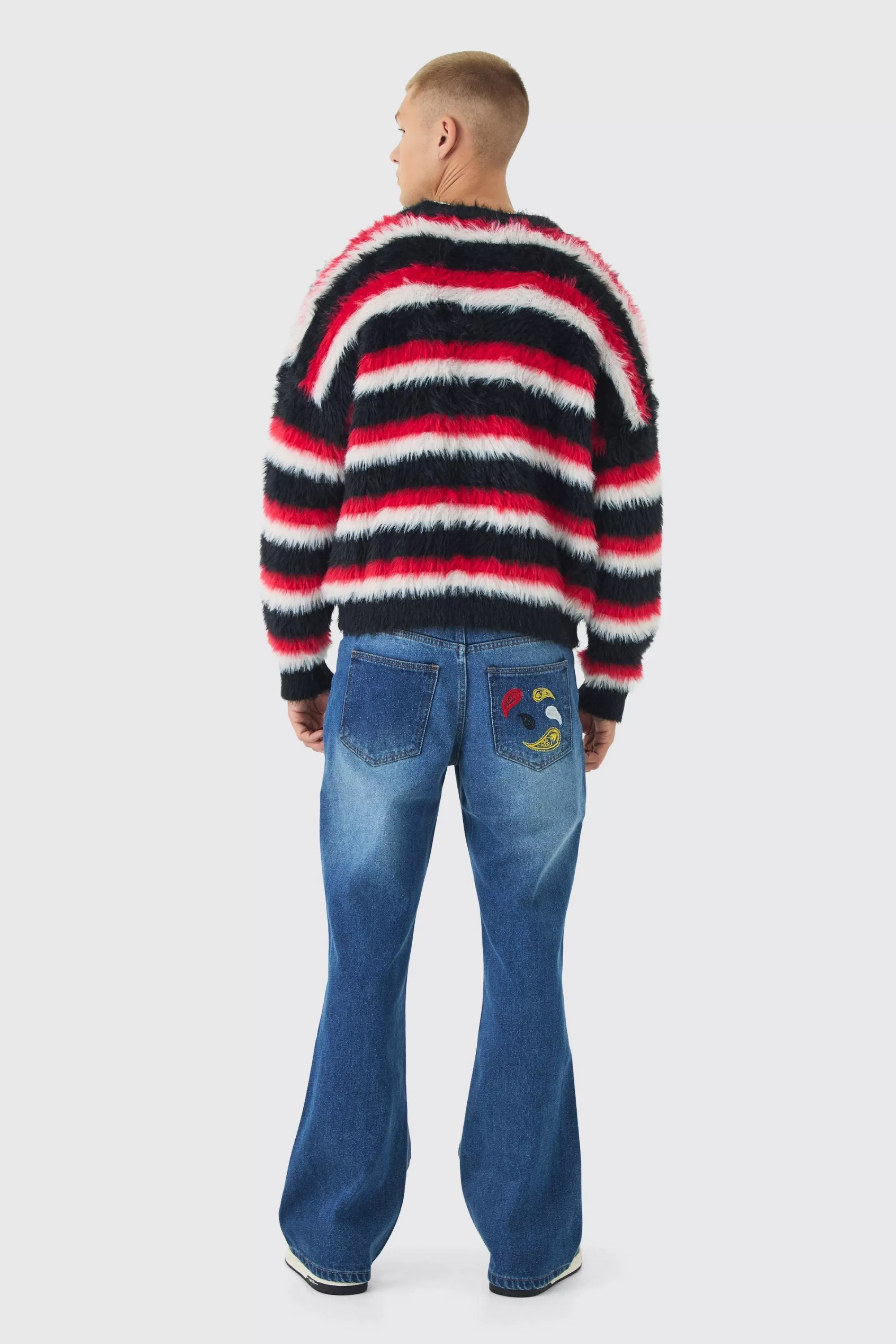 boohooMAN Relaxed Rigid Flare Paisley Embroidered Jeans | UK