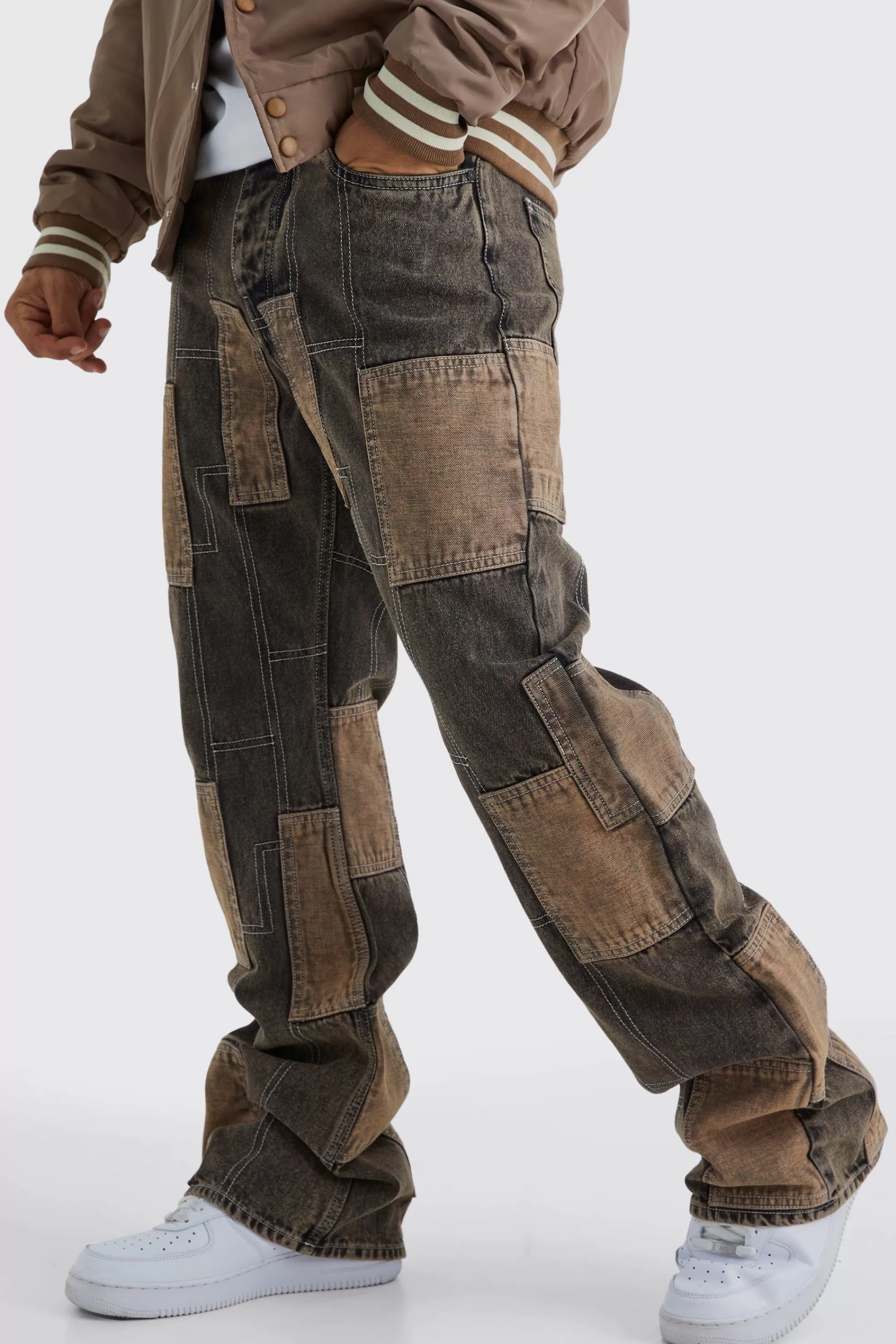 boohooMAN Relaxed Rigid Flare Patchwork Jeans | UK