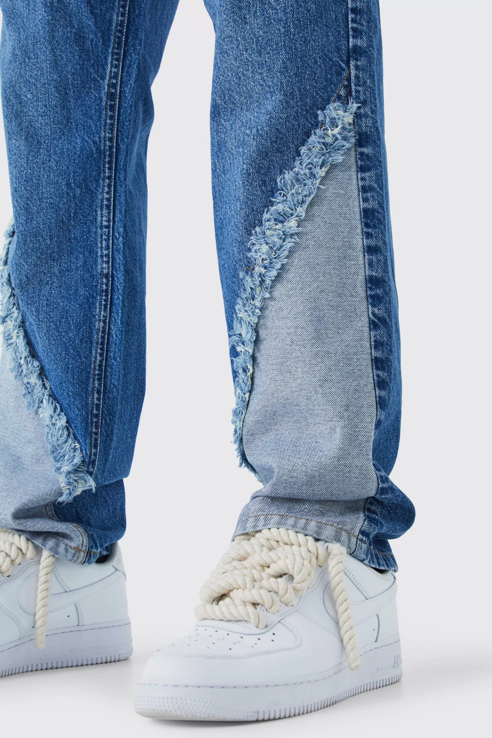 boohooMAN Relaxed Rigid Frayed Spliced Jeans In | UK