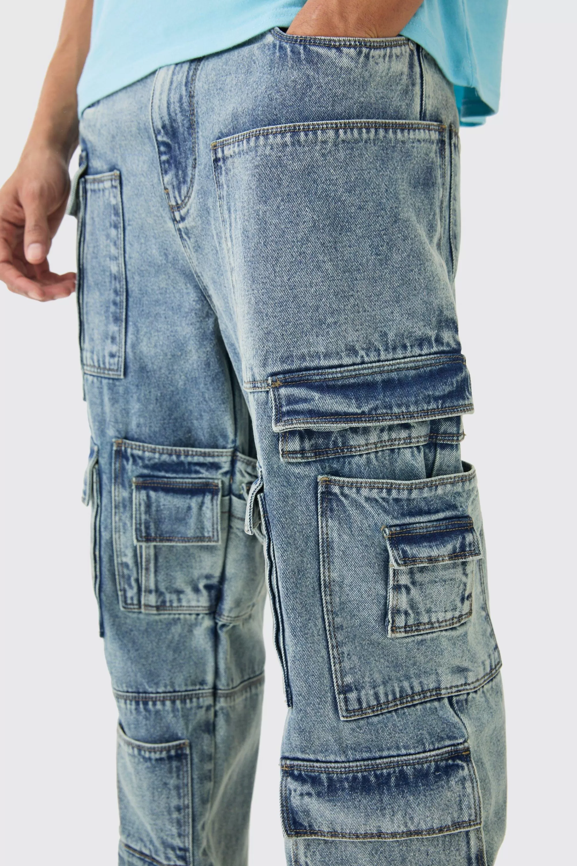 boohooMAN Relaxed Rigid Multi Pocket Cargo Jeans In Tinted Blue | UK