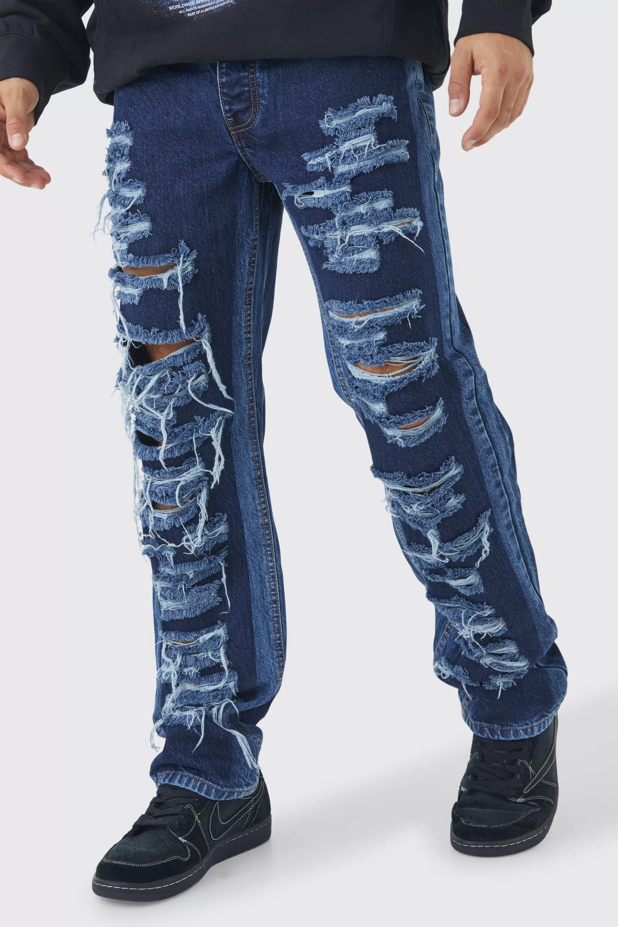 boohooMAN Relaxed Rigid Multi Rip Panelled Jean | UK