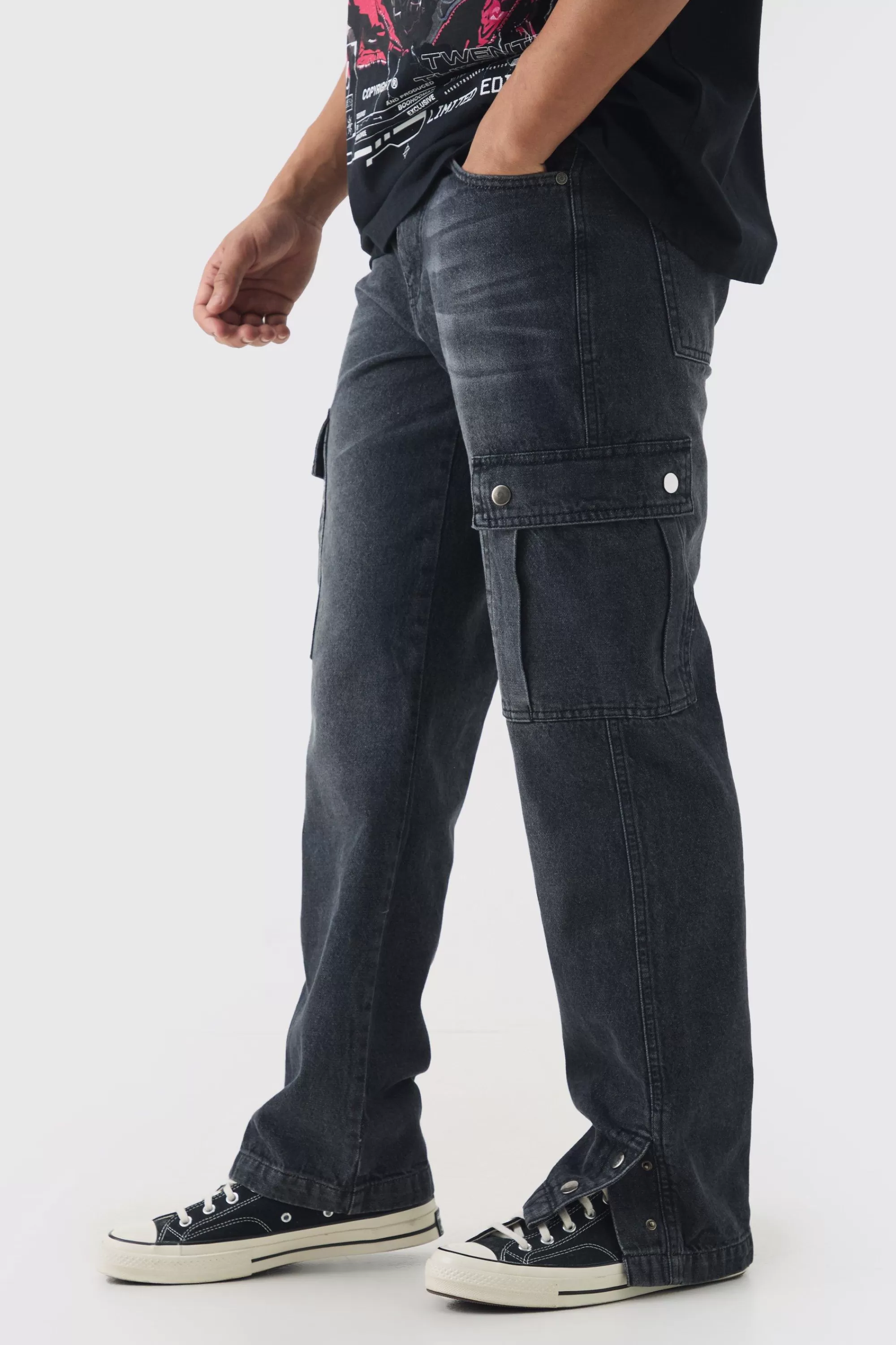 boohooMAN Relaxed Rigid Popper Hem Cargo Jeans | UK