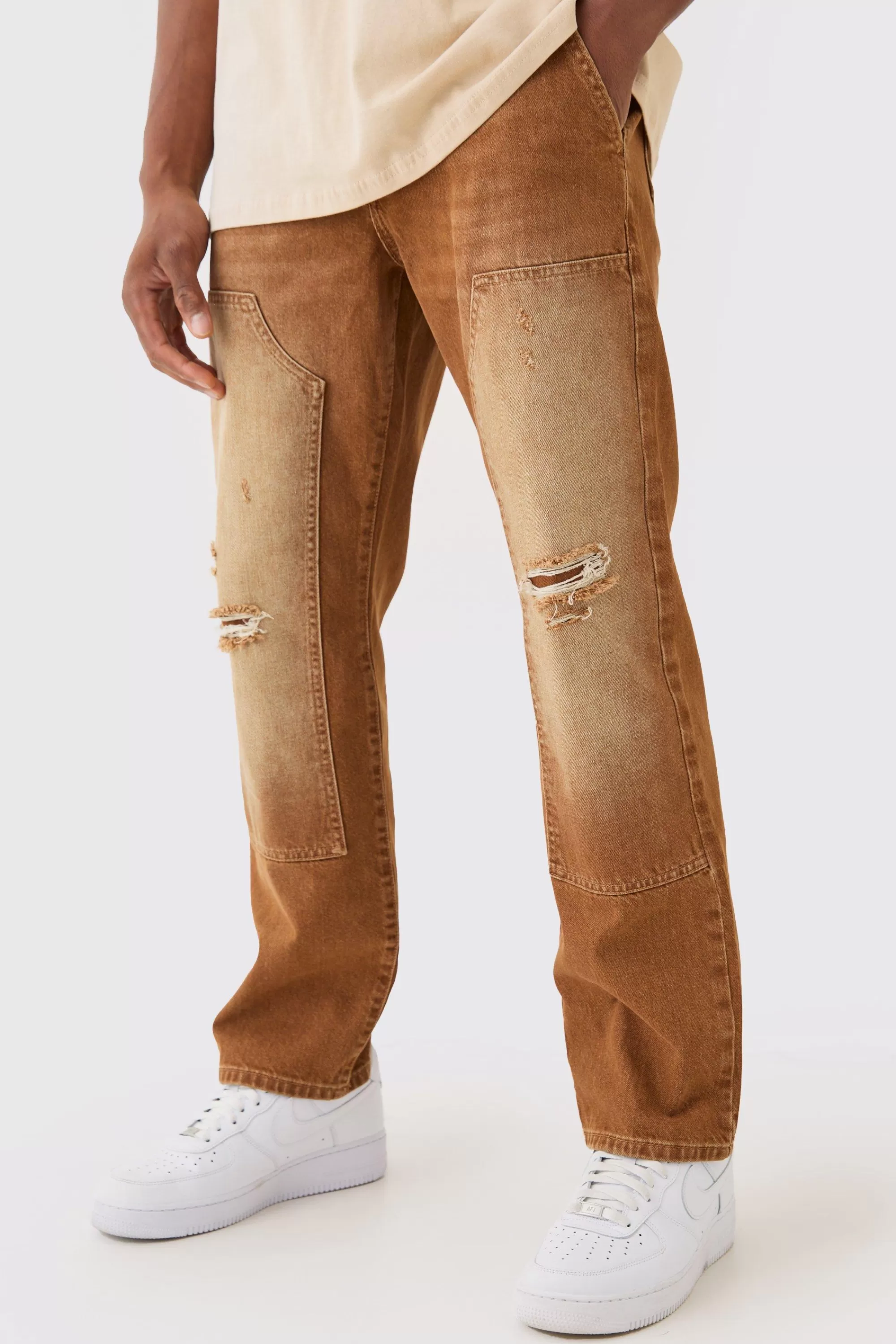 boohooMAN Relaxed Rigid Ripped Carpenter Denim Jean In | UK