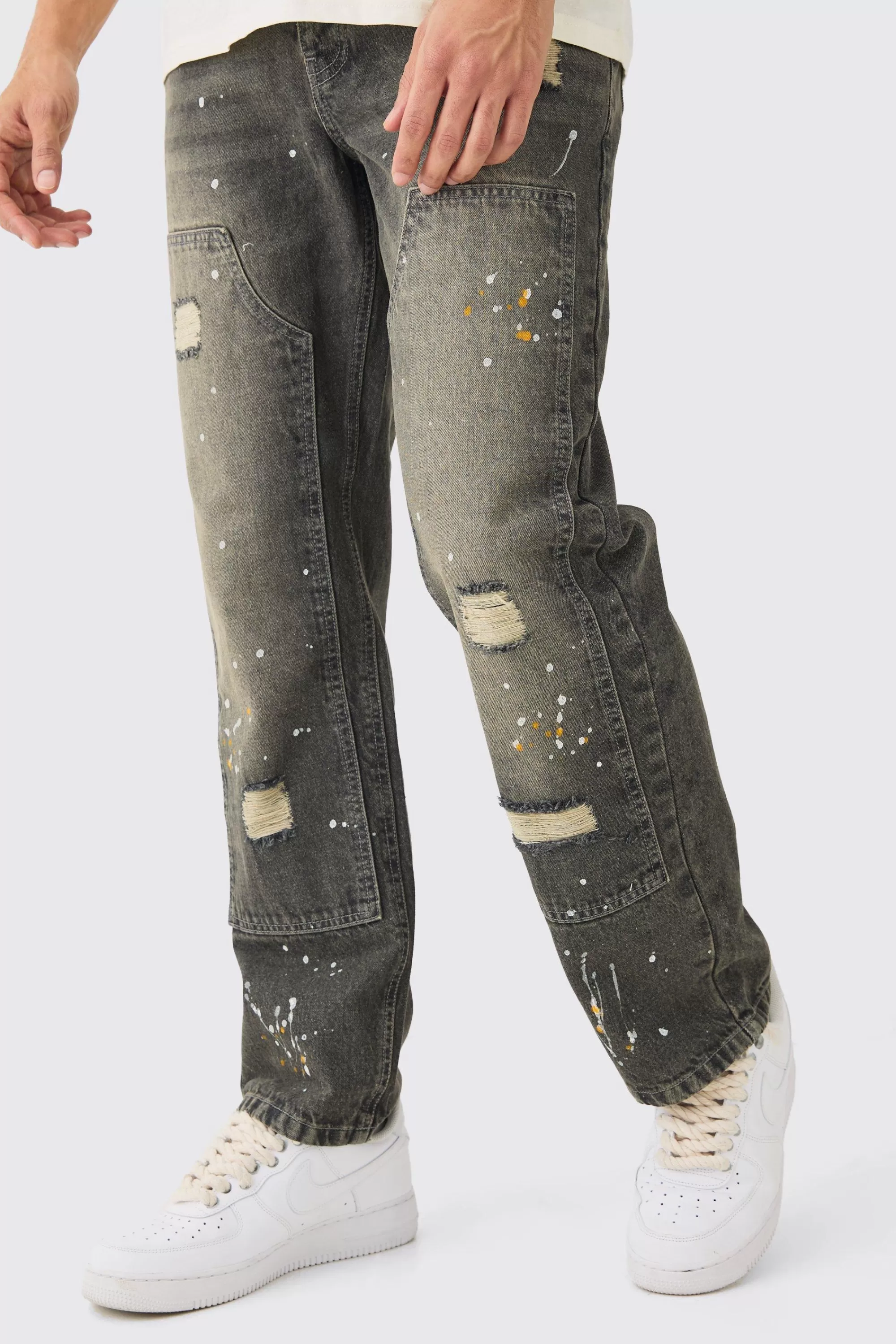 boohooMAN Relaxed Rigid Ripped Carpenter Paint Splatter Jeans In Antique | UK