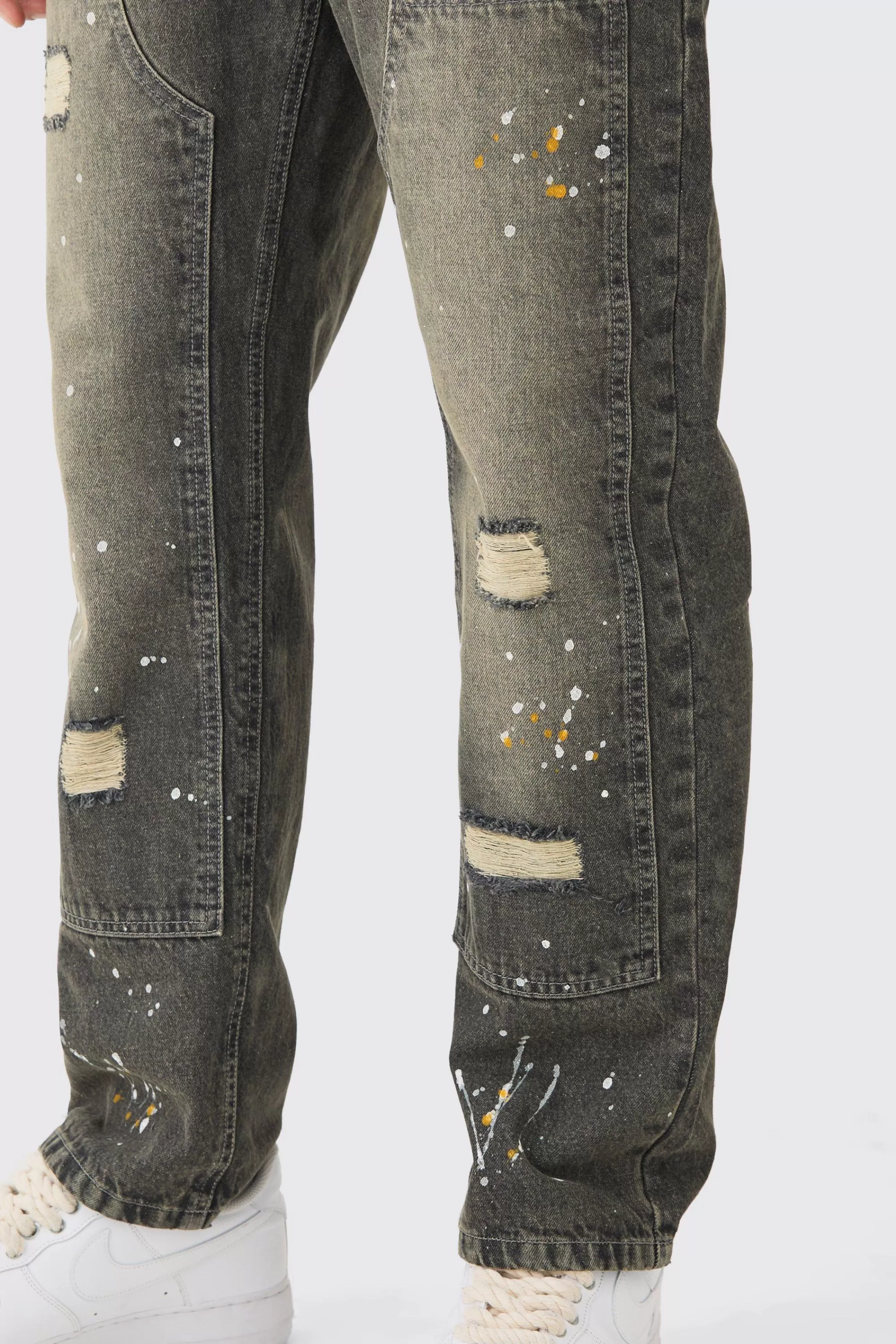 boohooMAN Relaxed Rigid Ripped Carpenter Paint Splatter Jeans In Antique | UK