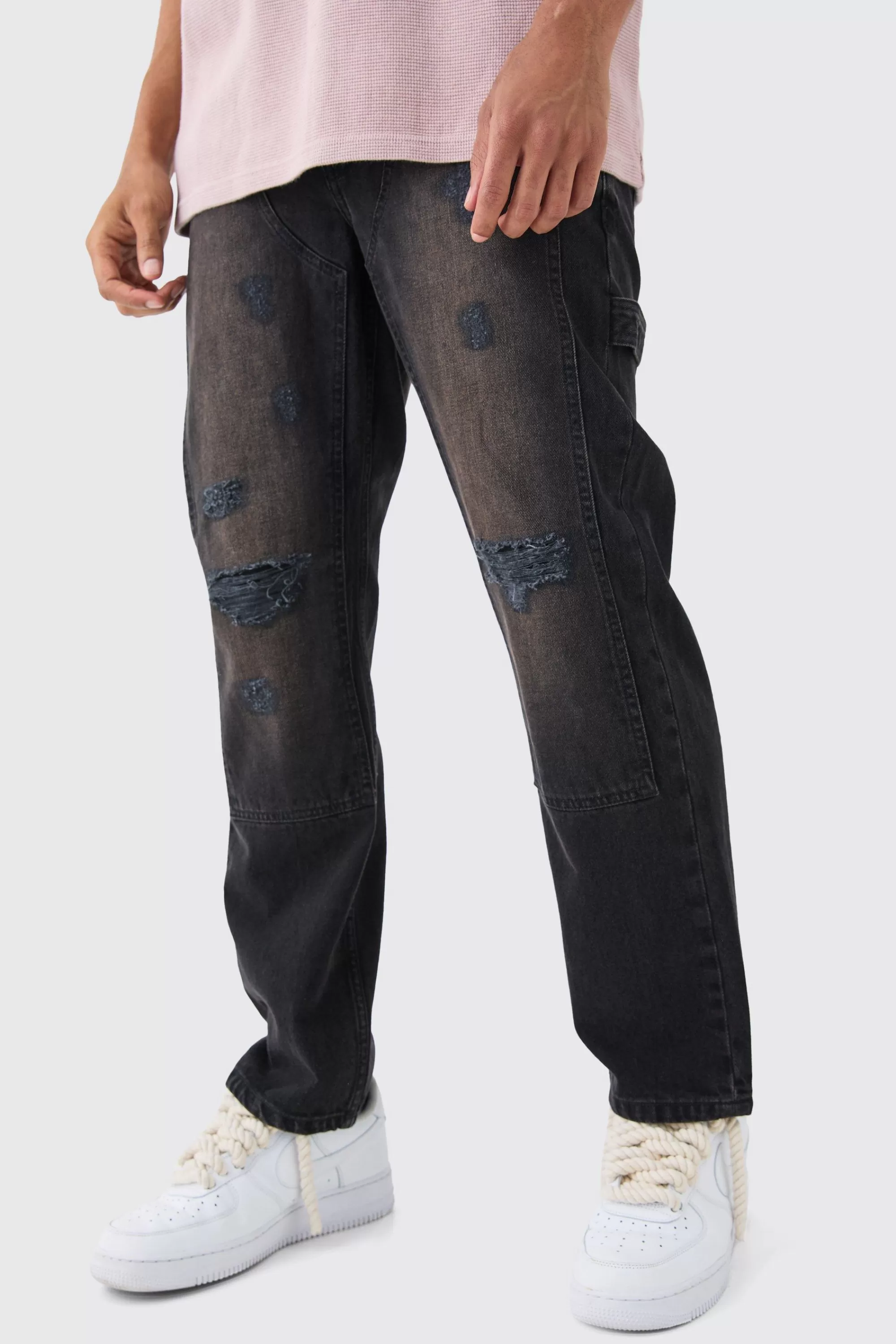 boohooMAN Relaxed Rigid Ripped Knee Carpenter Jeans In Washed | UK