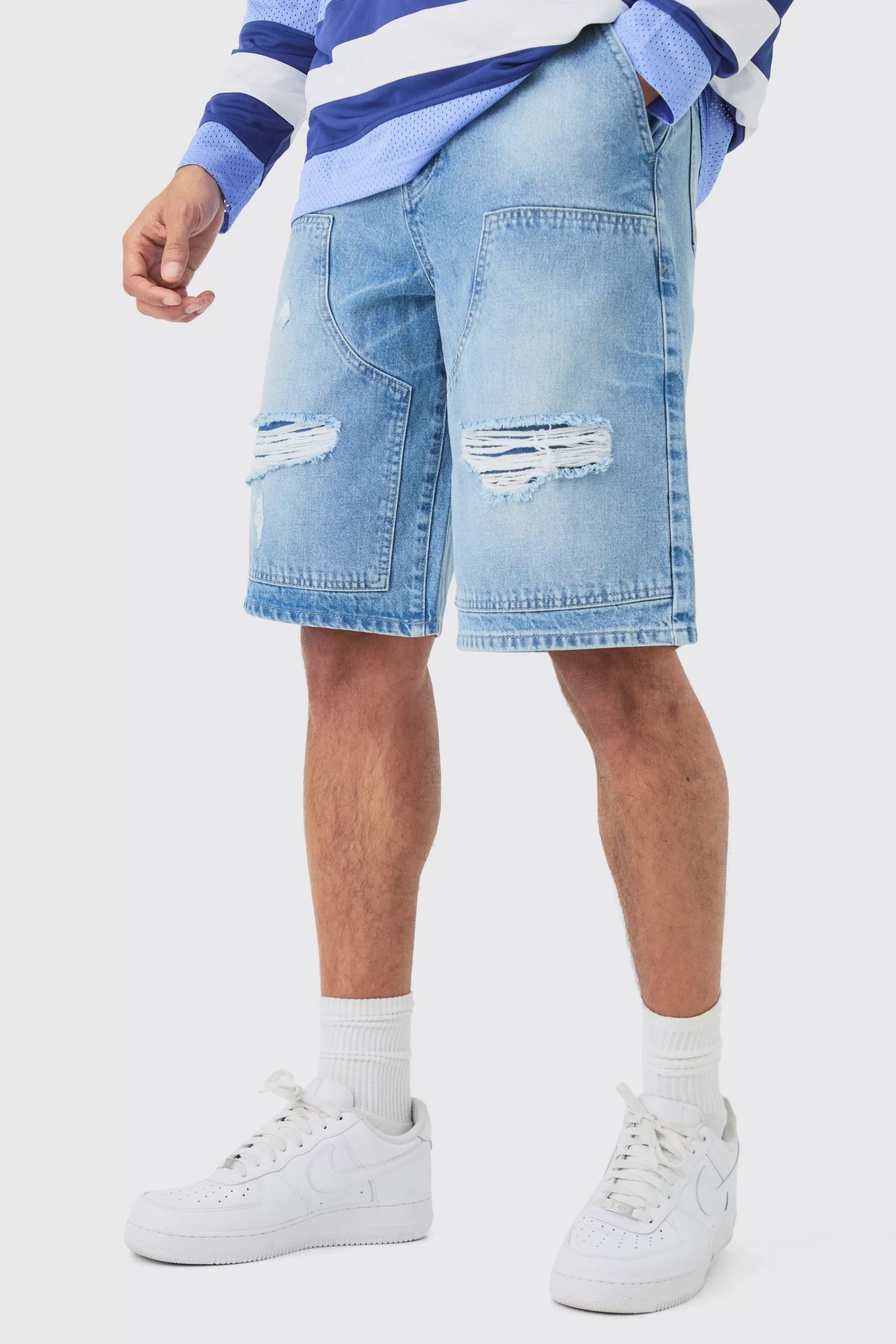 boohooMAN Relaxed Rigid Rippped Carpenter Denim Jort In | UK