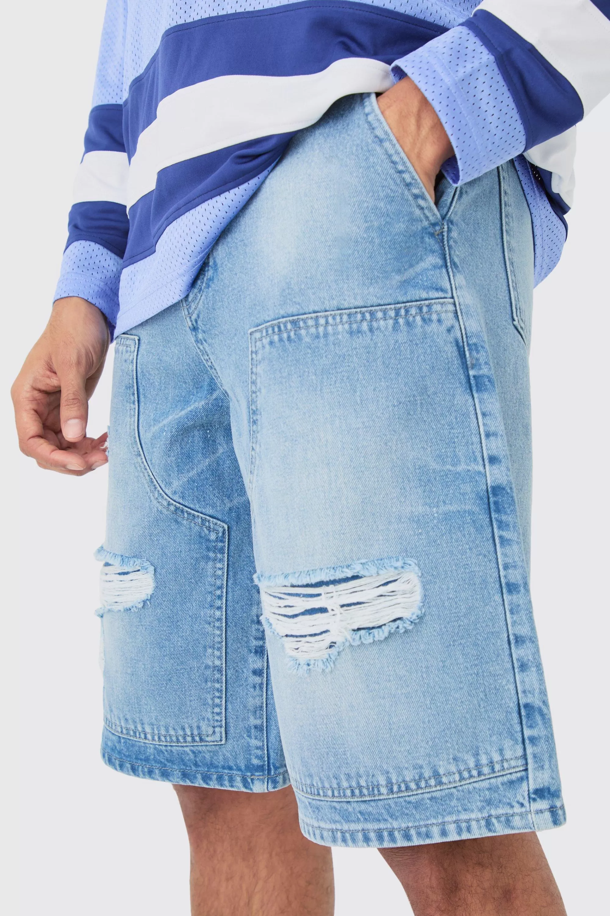 boohooMAN Relaxed Rigid Rippped Carpenter Denim Jort In | UK