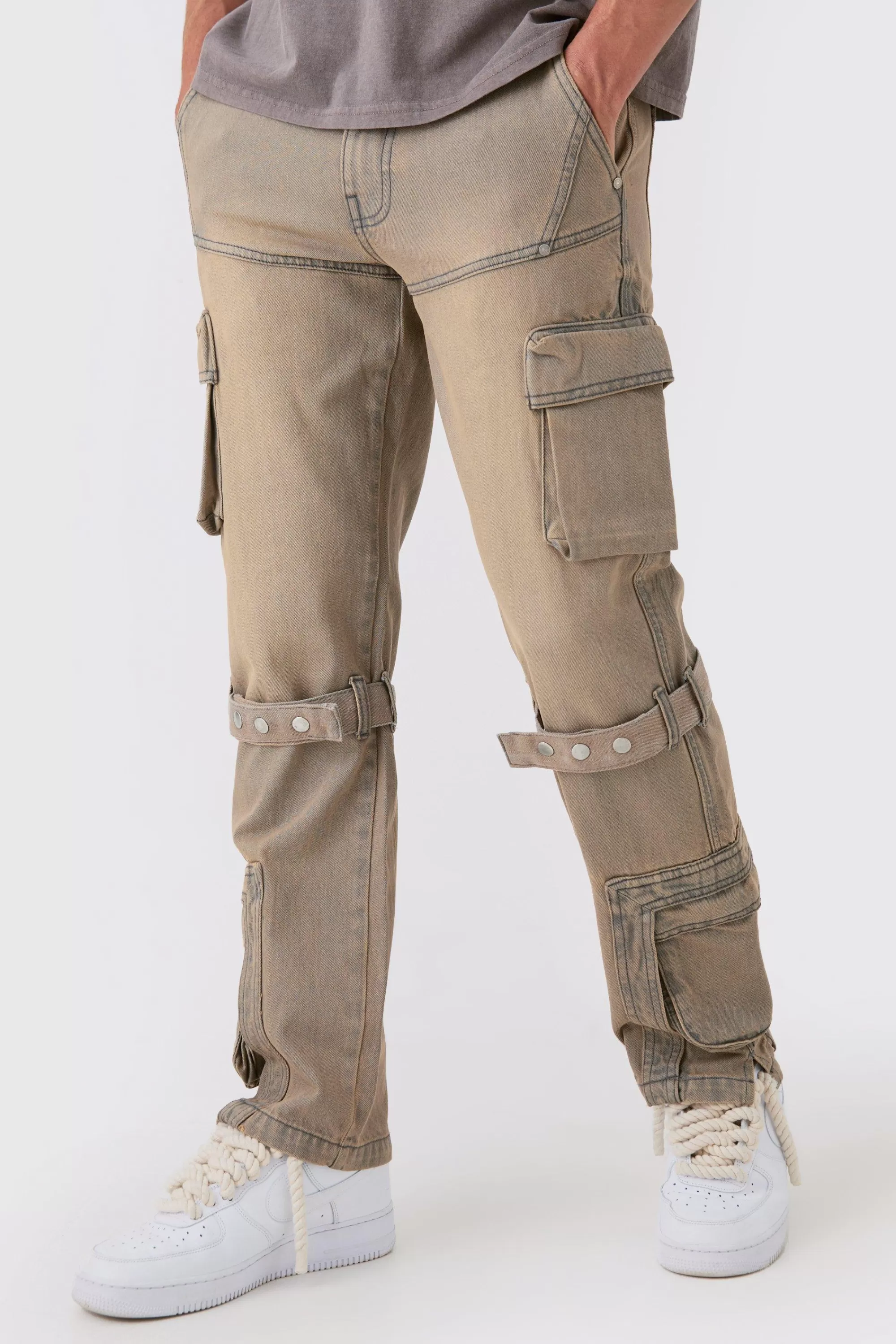 boohooMAN Relaxed Rigid Strap Detail Cargo Jeans In Antique | UK