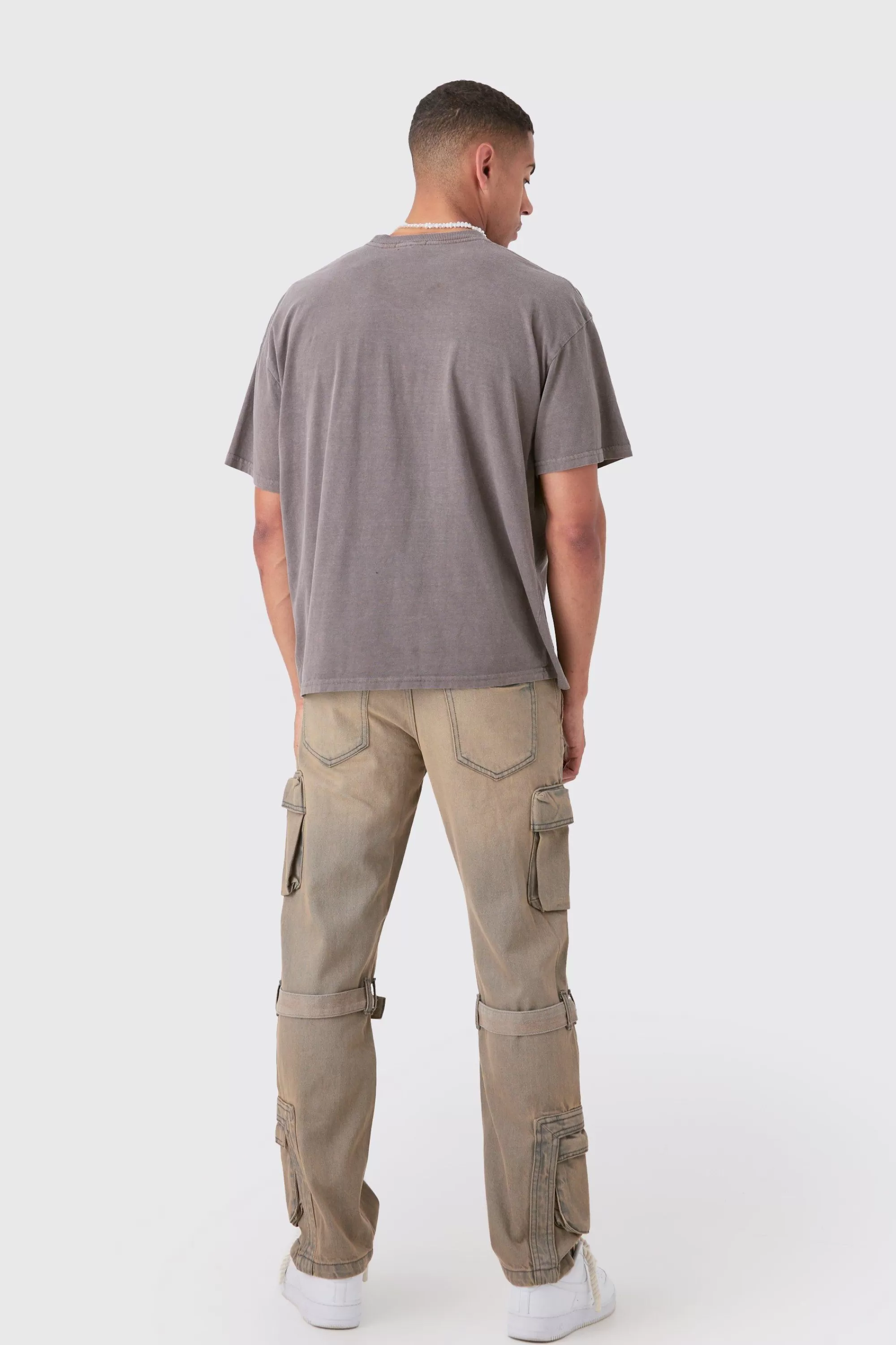 boohooMAN Relaxed Rigid Strap Detail Cargo Jeans In Antique | UK
