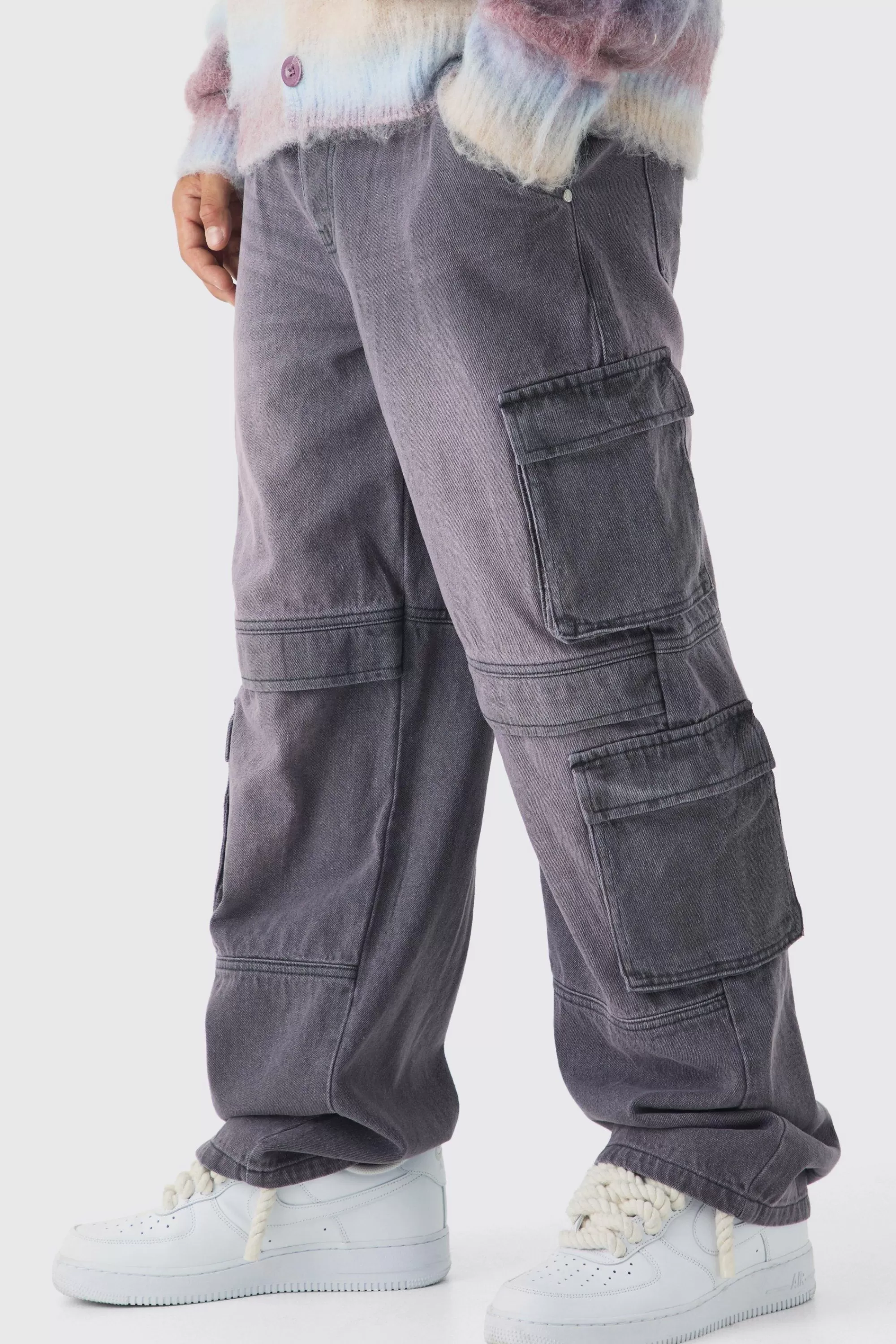 boohooMAN Relaxed Rigid Tinted Multi Cargo Denim Jeans | UK