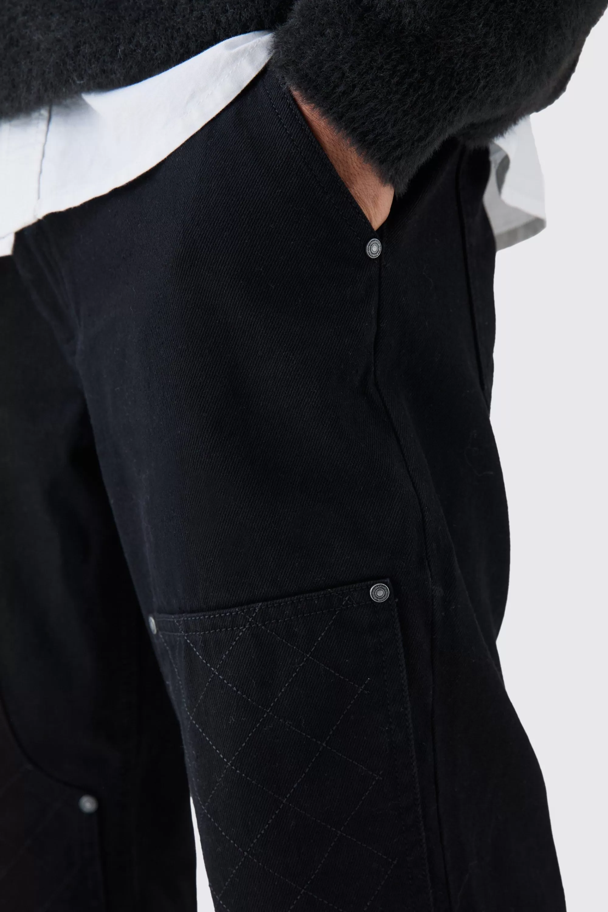 boohooMAN Relaxed Rigid Top Stitch Detail Carpenter Jean In Black | UK