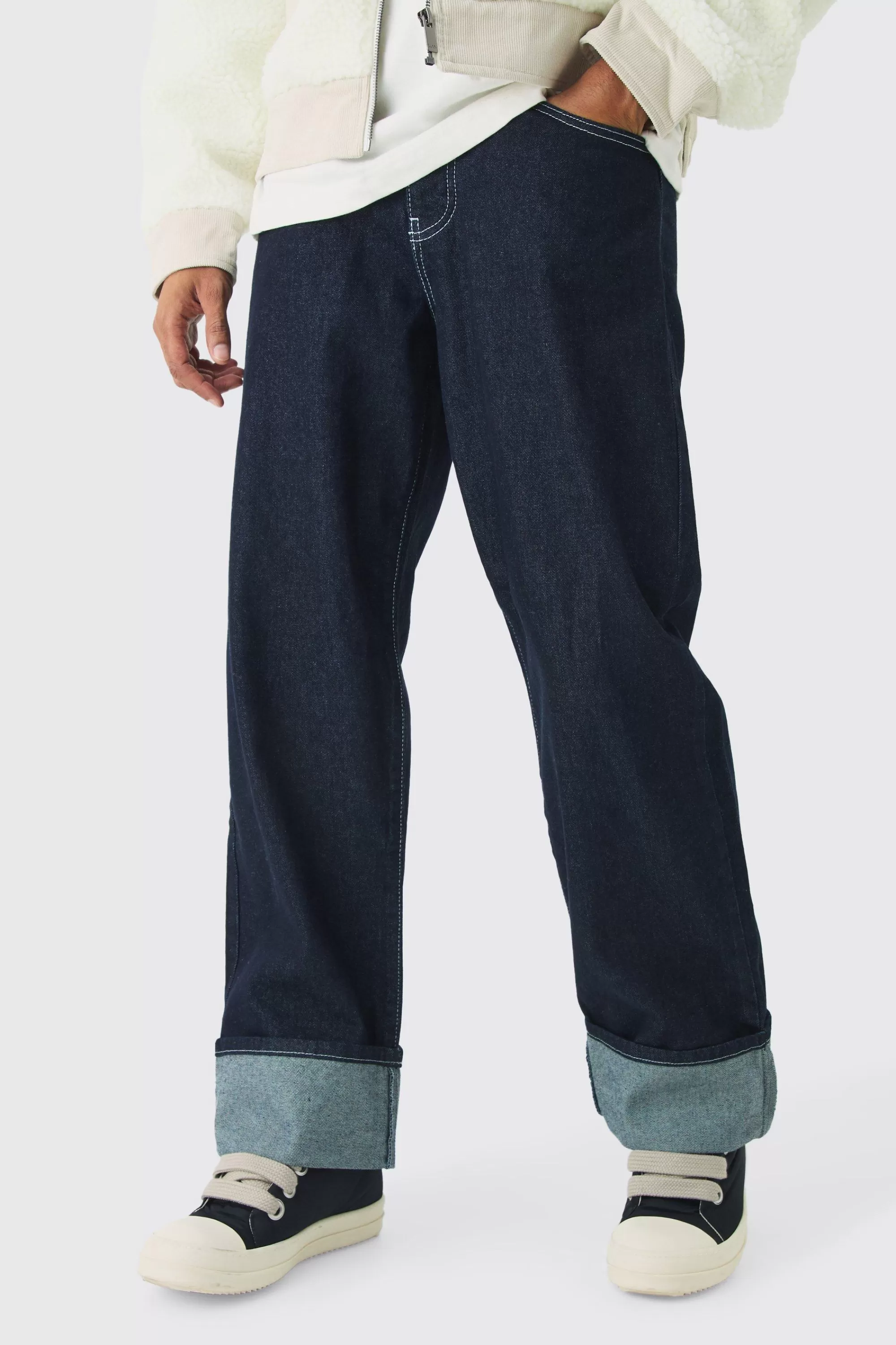 boohooMAN Relaxed Rigid Turn Up Jeans In | UK