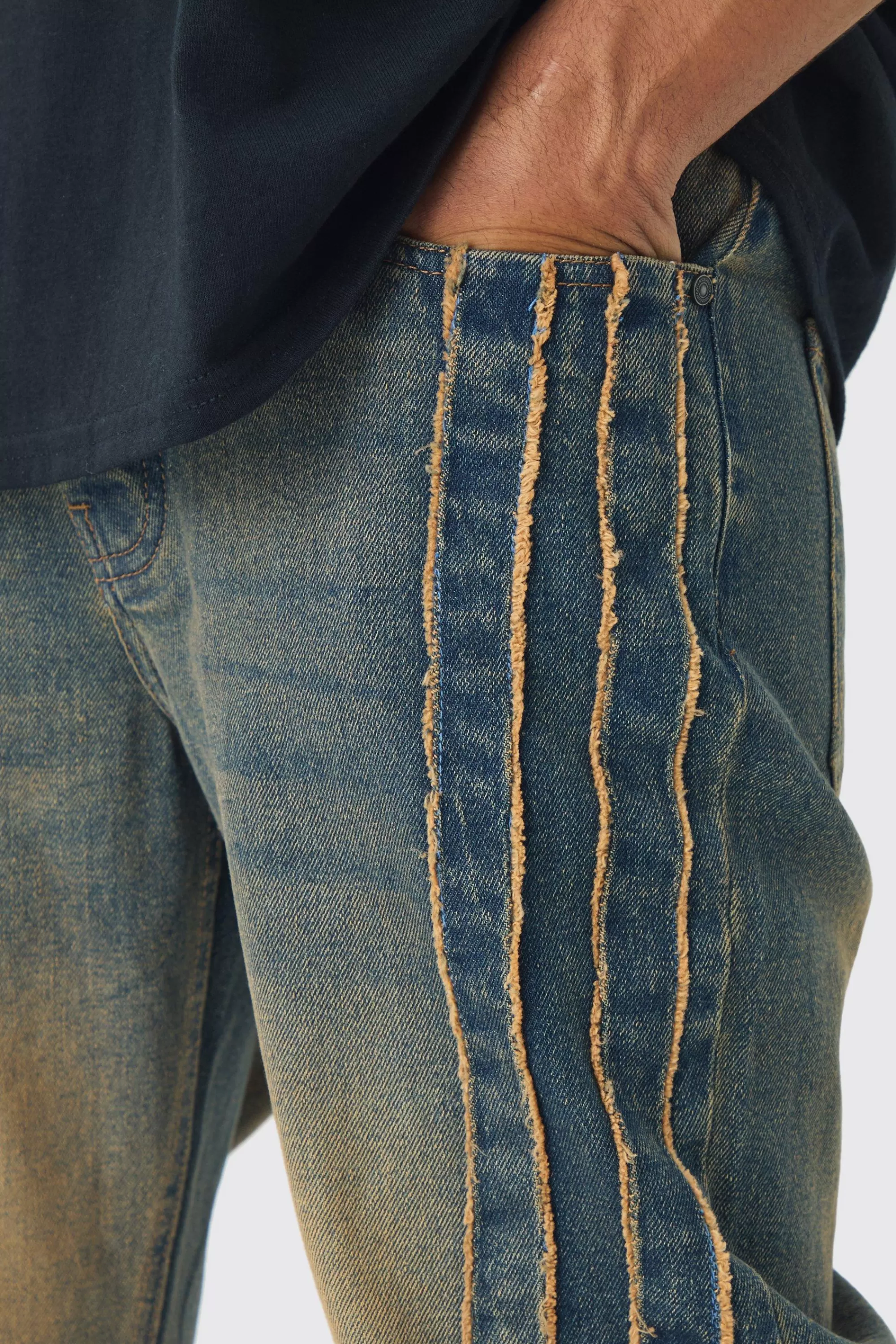 boohooMAN Relaxed Rigid Vintage Wash Distressed Side Panel Jeans | UK
