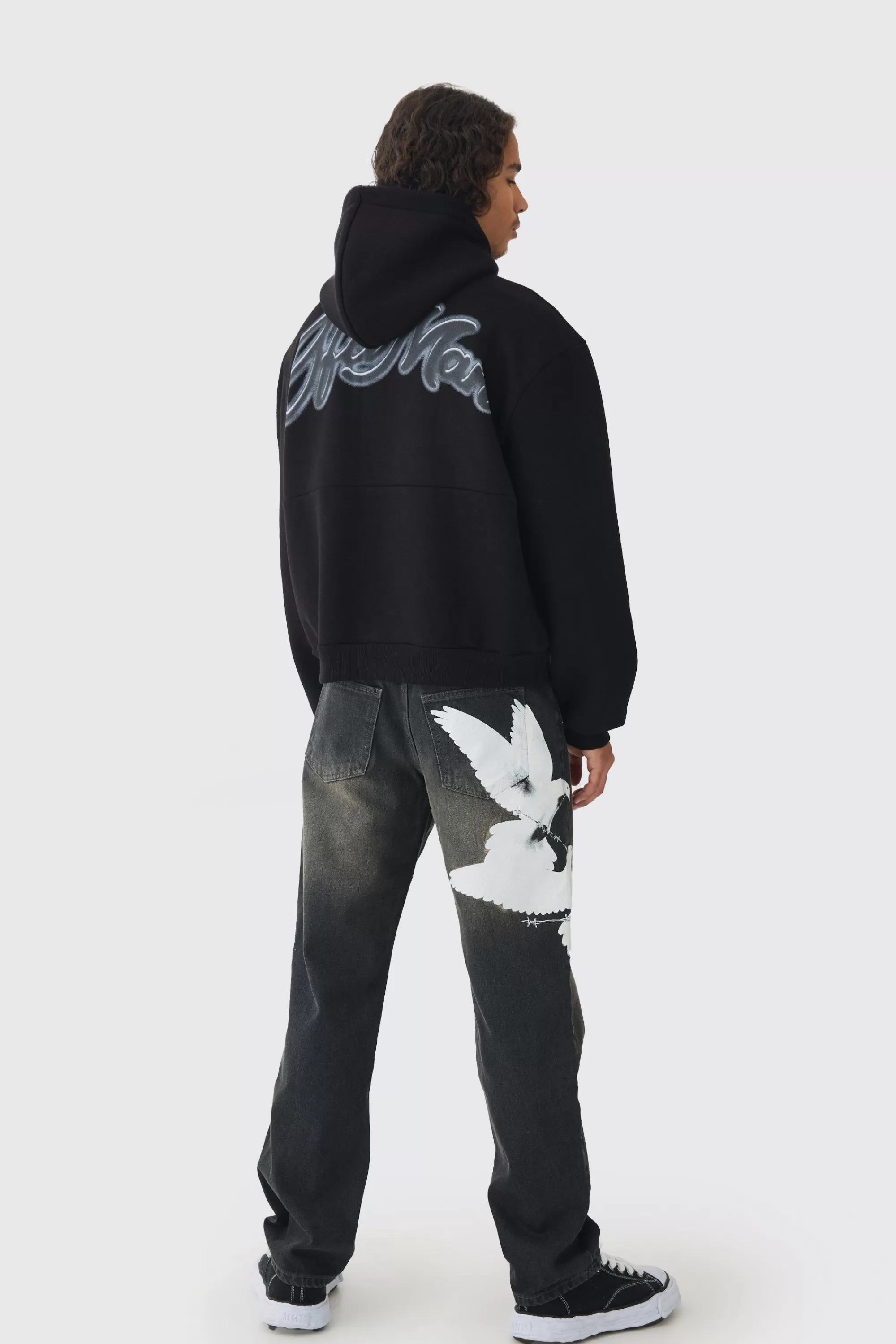 boohooMAN Relaxed Rigid Washed Dove Printed Jeans | UK