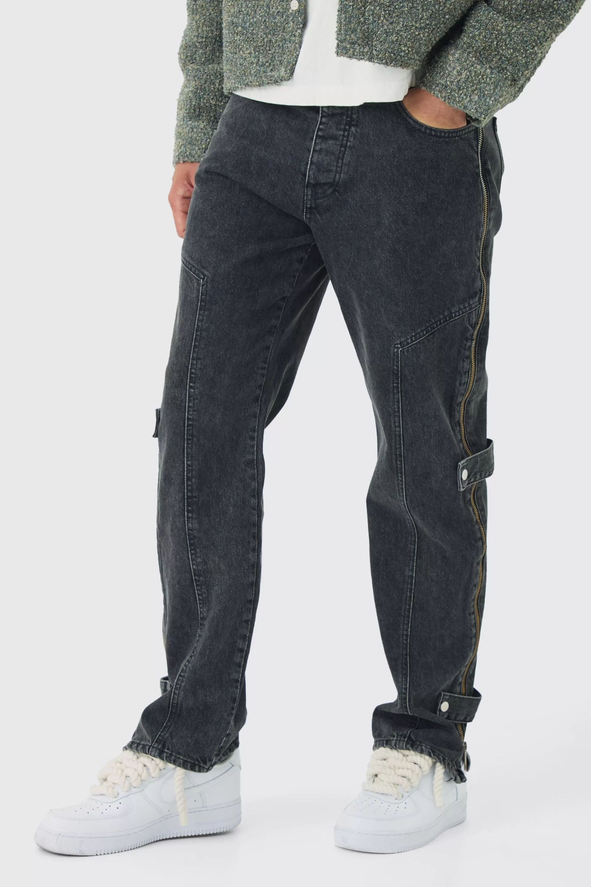 boohooMAN Relaxed Rigid Zip Detail Acid Washed Jeans | UK