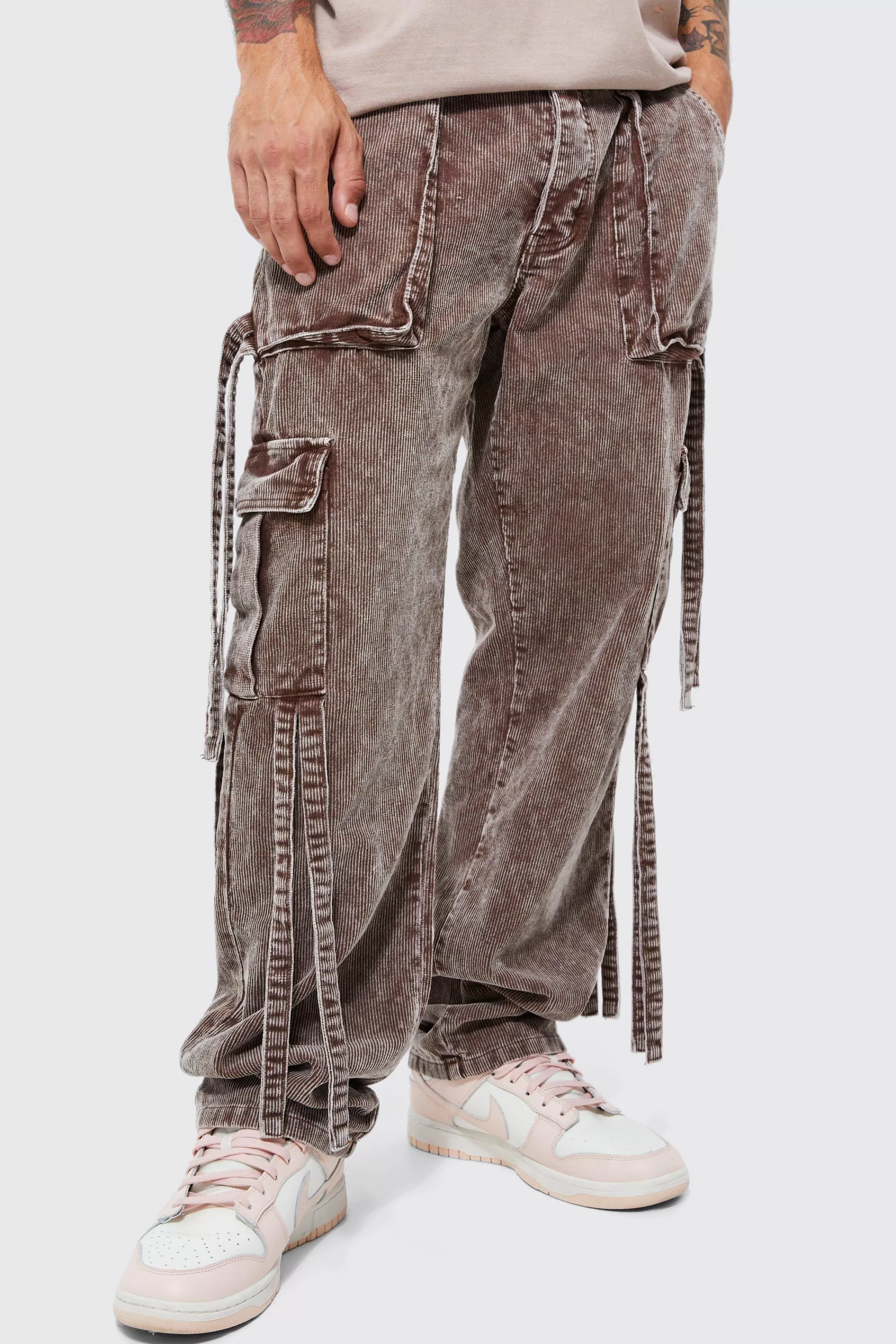boohooMAN Relaxed Strap Detail Acid Wash Corduroy Trousers | UK