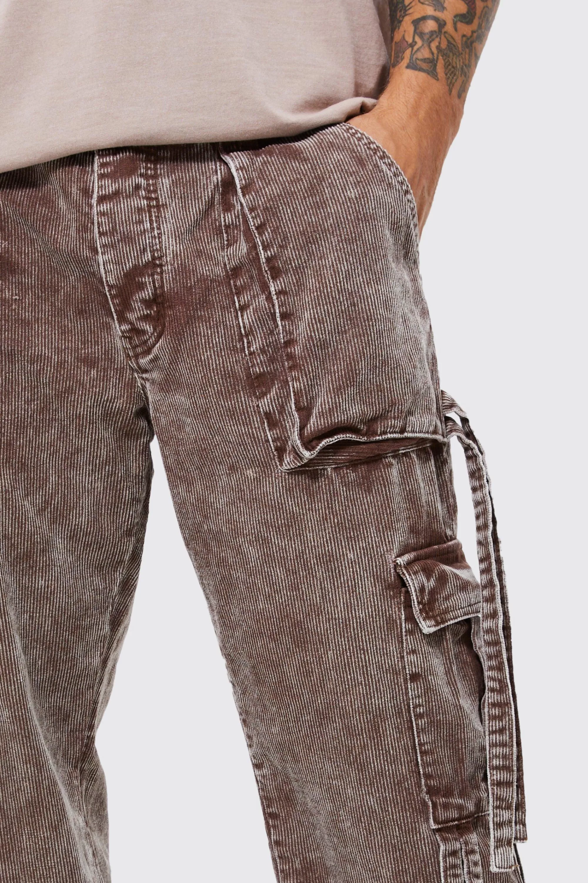 boohooMAN Relaxed Strap Detail Acid Wash Corduroy Trousers | UK