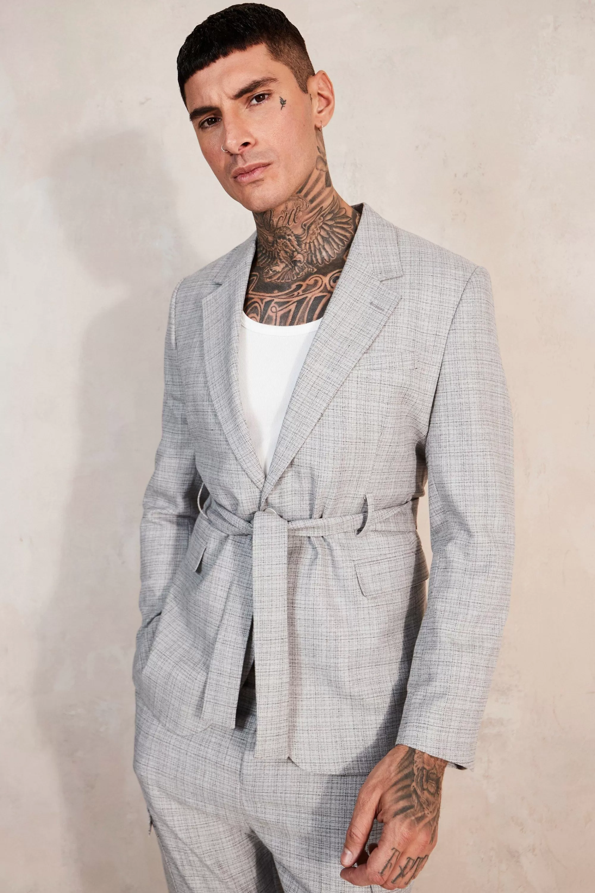 boohooMAN Relaxed Tie Front Cargo Pocket Suit Jacket | UK