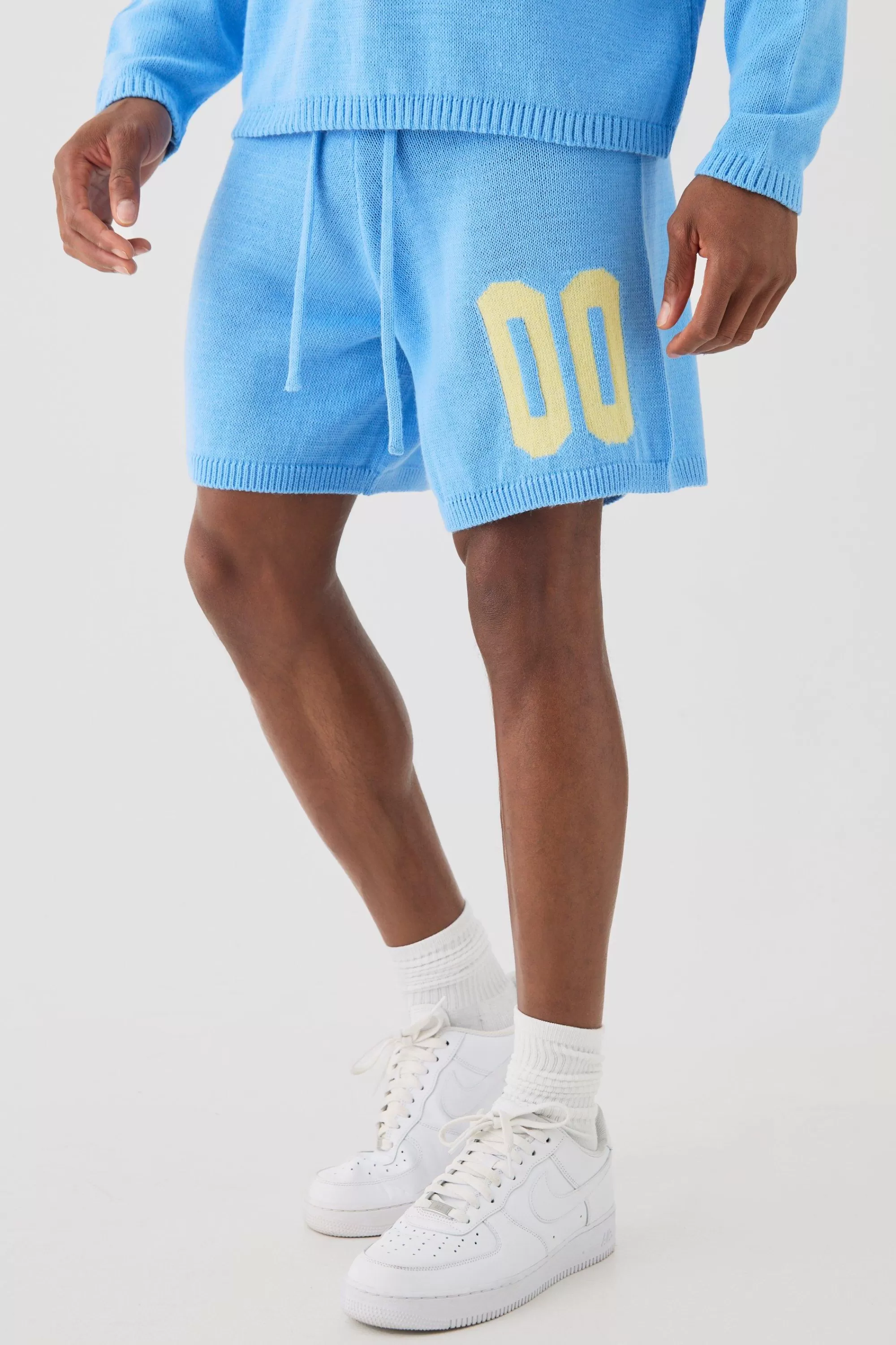 boohooMAN Relaxed Varsity Jacquard Knit Short | UK