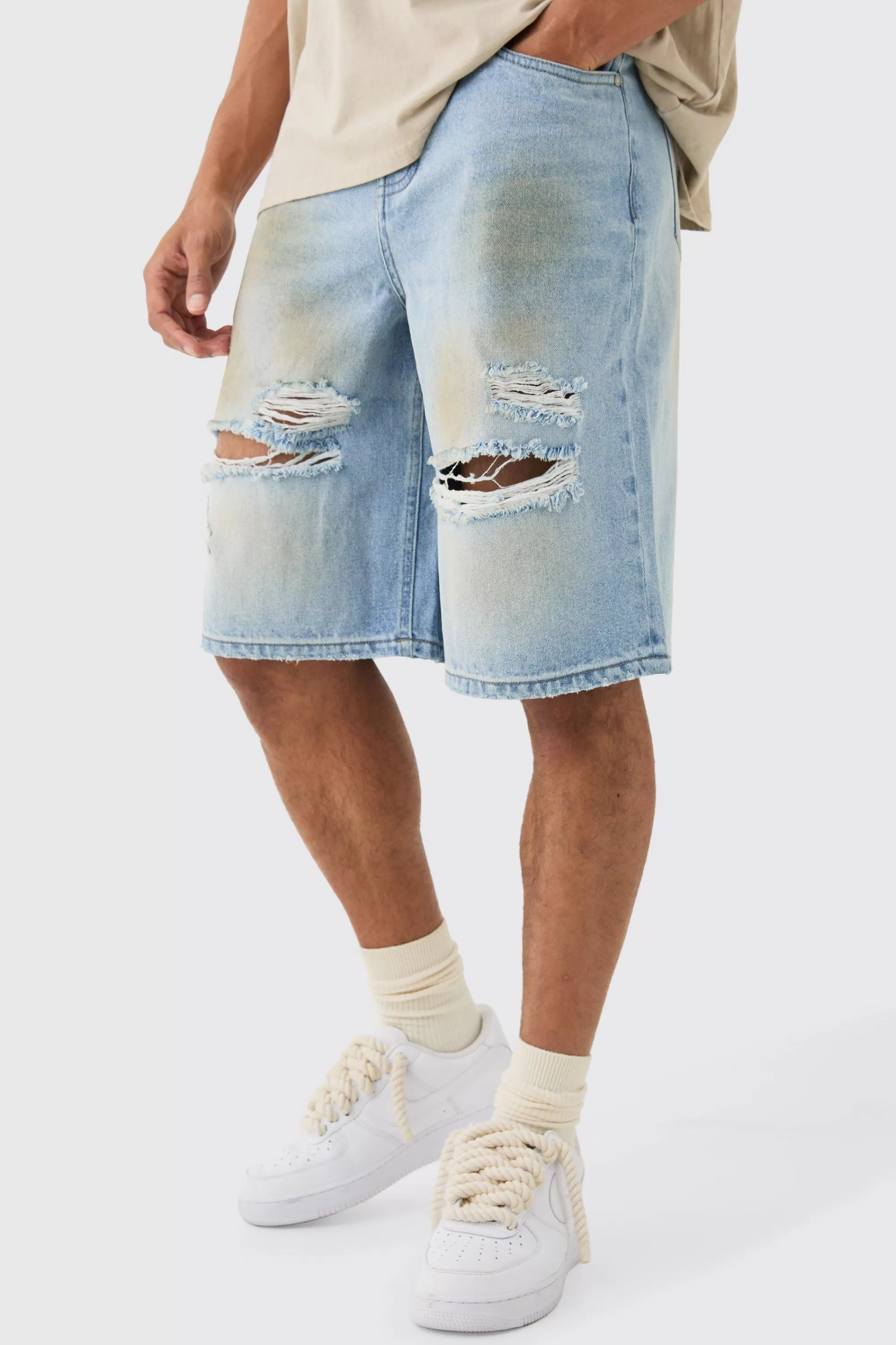 boohooMAN Ripped Dirty Wash Denim Jorts In | UK