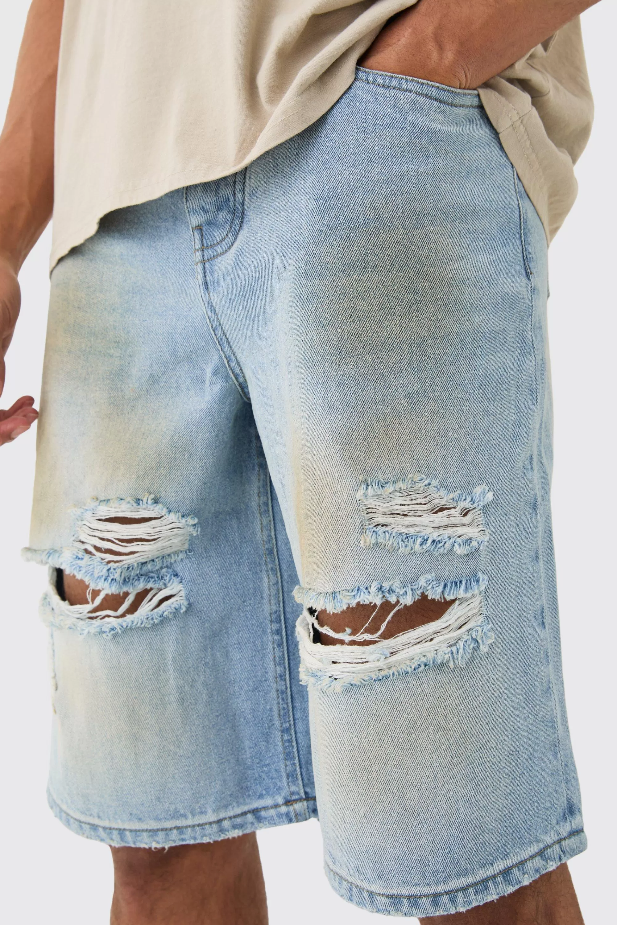 boohooMAN Ripped Dirty Wash Denim Jorts In | UK