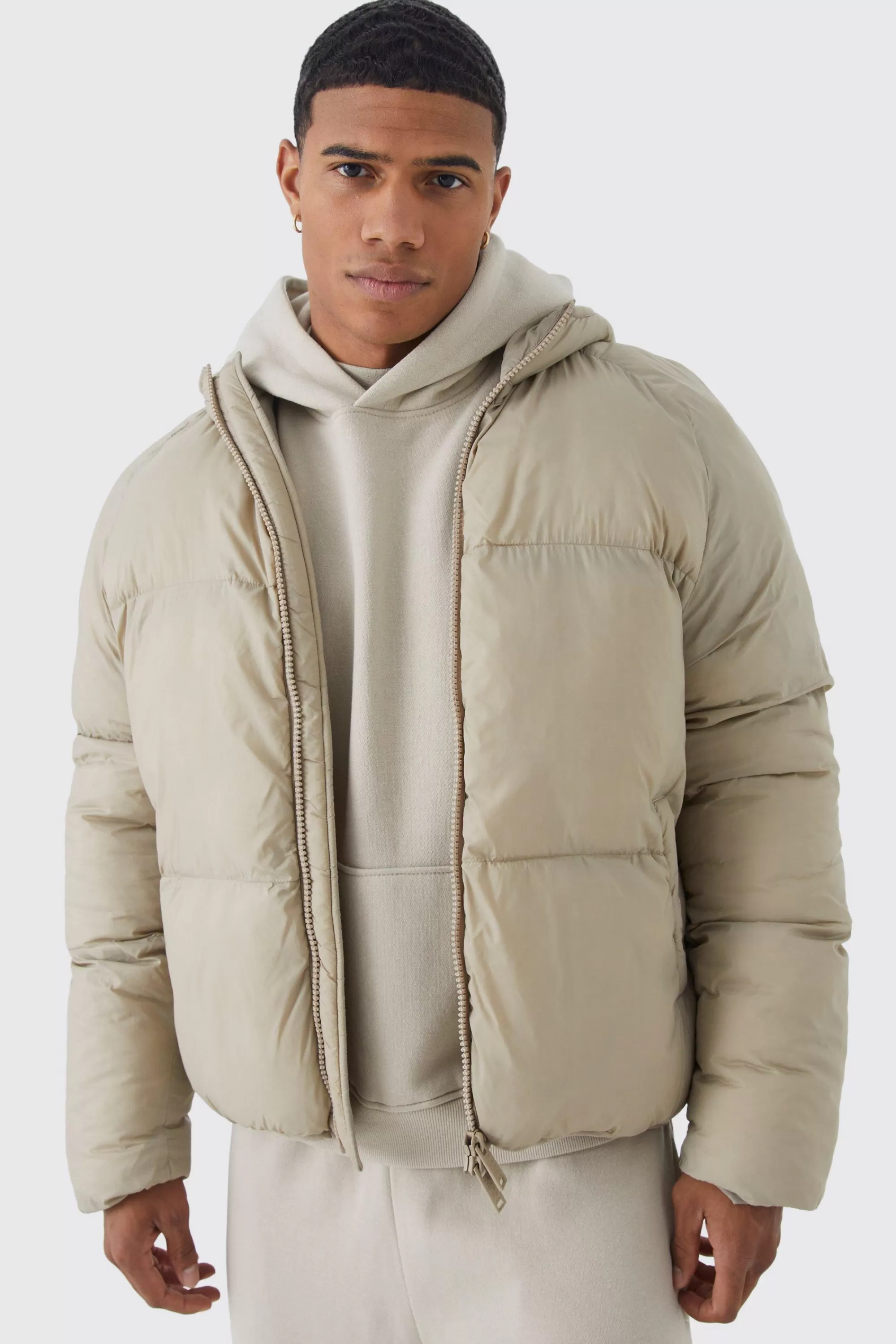 boohooMAN Sheen Quilted Nylon Puffer With Hood | UK