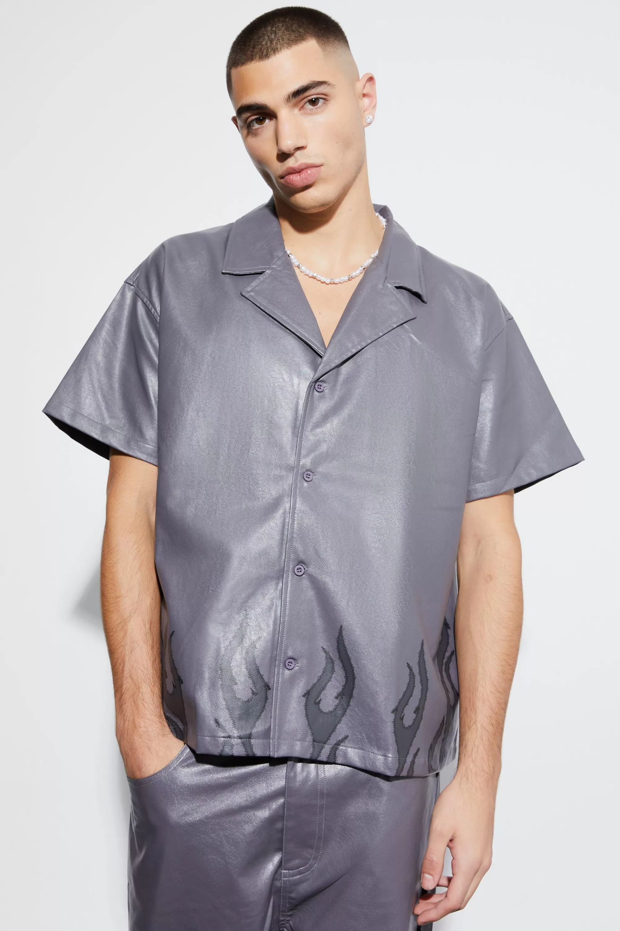boohooMAN Short Sleeve Boxy Flame Hem Shirt | UK