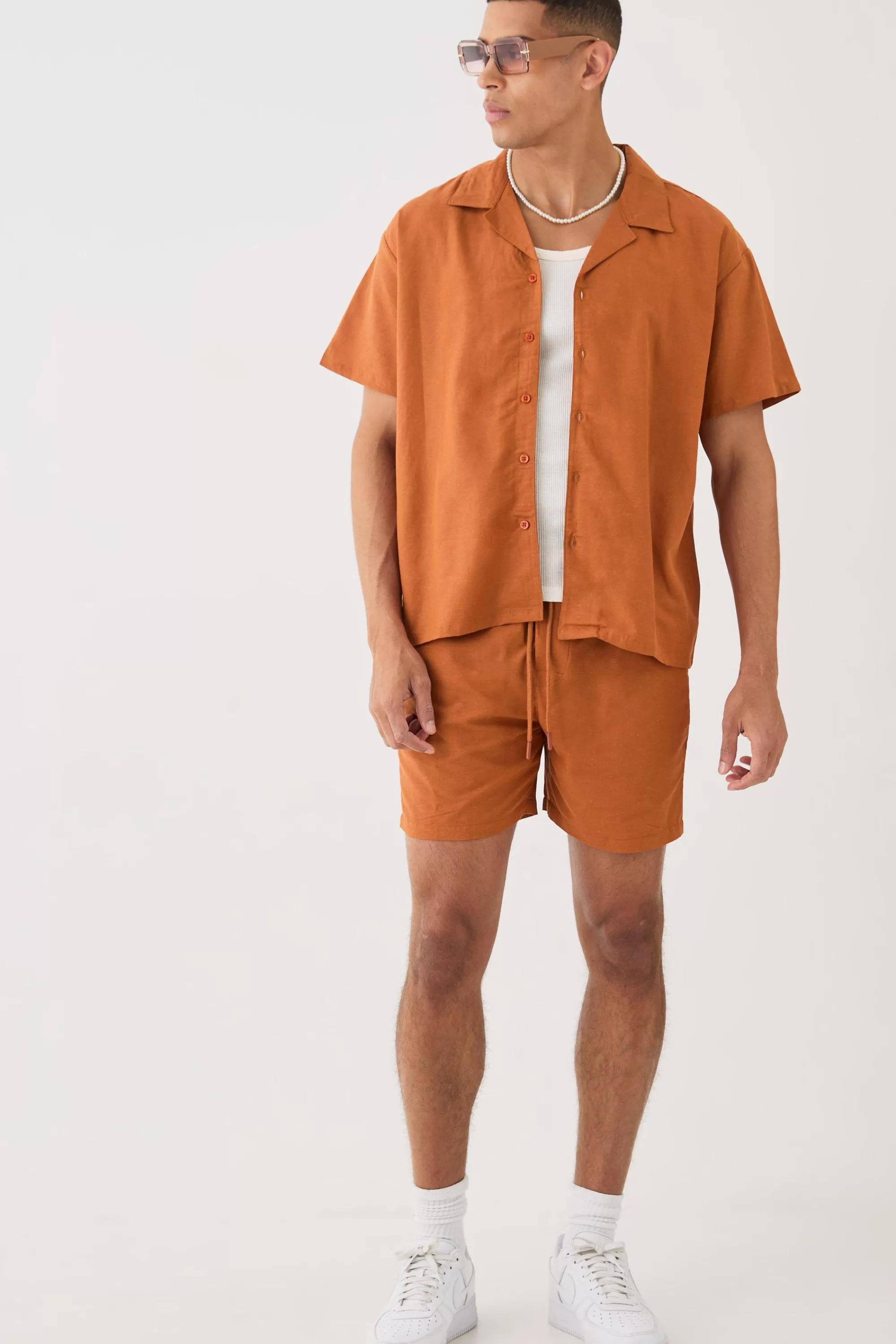 boohooMAN Short Sleeve Boxy Linen Shirt & Short Set | UK