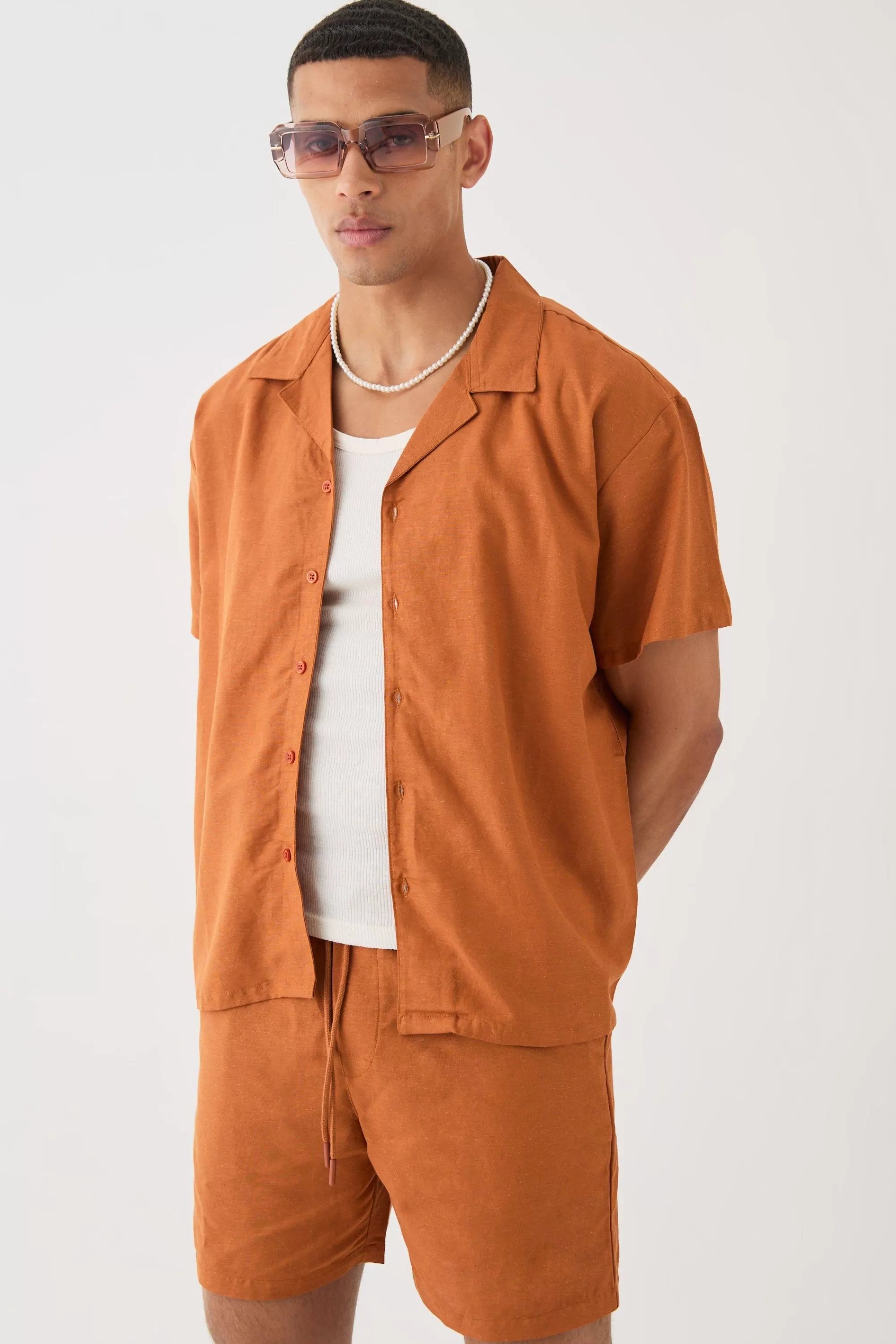 boohooMAN Short Sleeve Boxy Linen Shirt & Short Set | UK