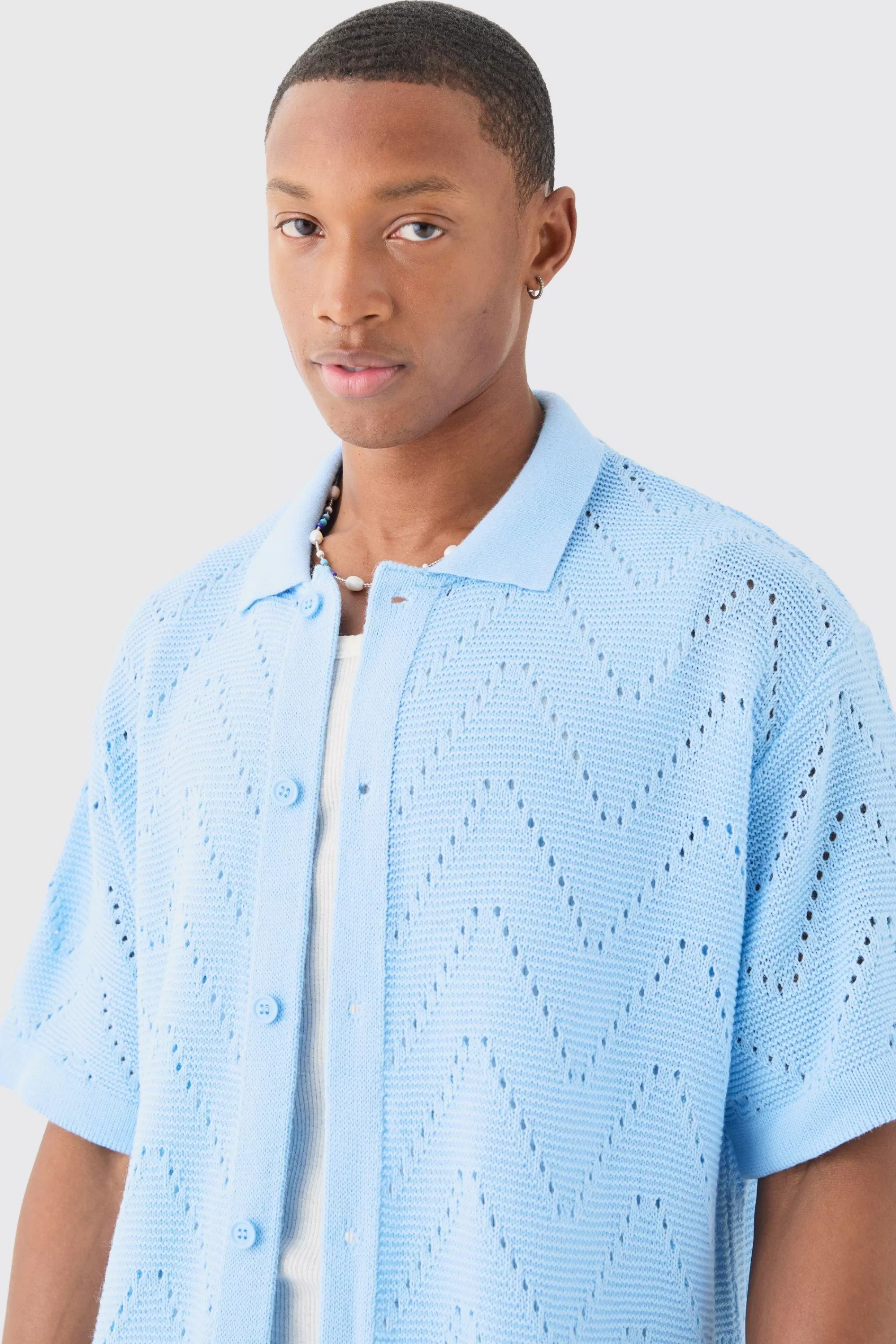 boohooMAN Short Sleeve Boxy Open Stitch Knitted Shirt | UK