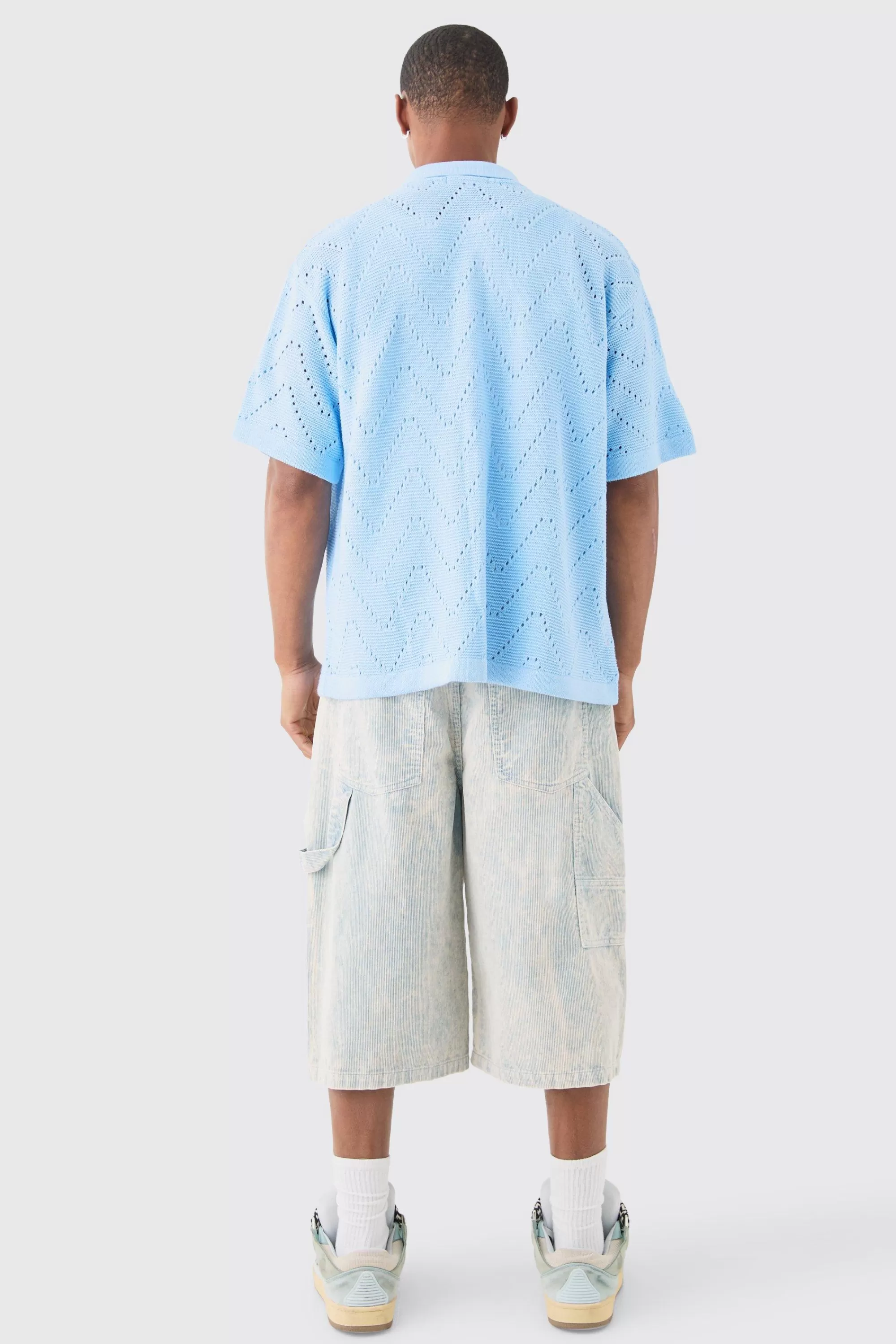 boohooMAN Short Sleeve Boxy Open Stitch Knitted Shirt | UK