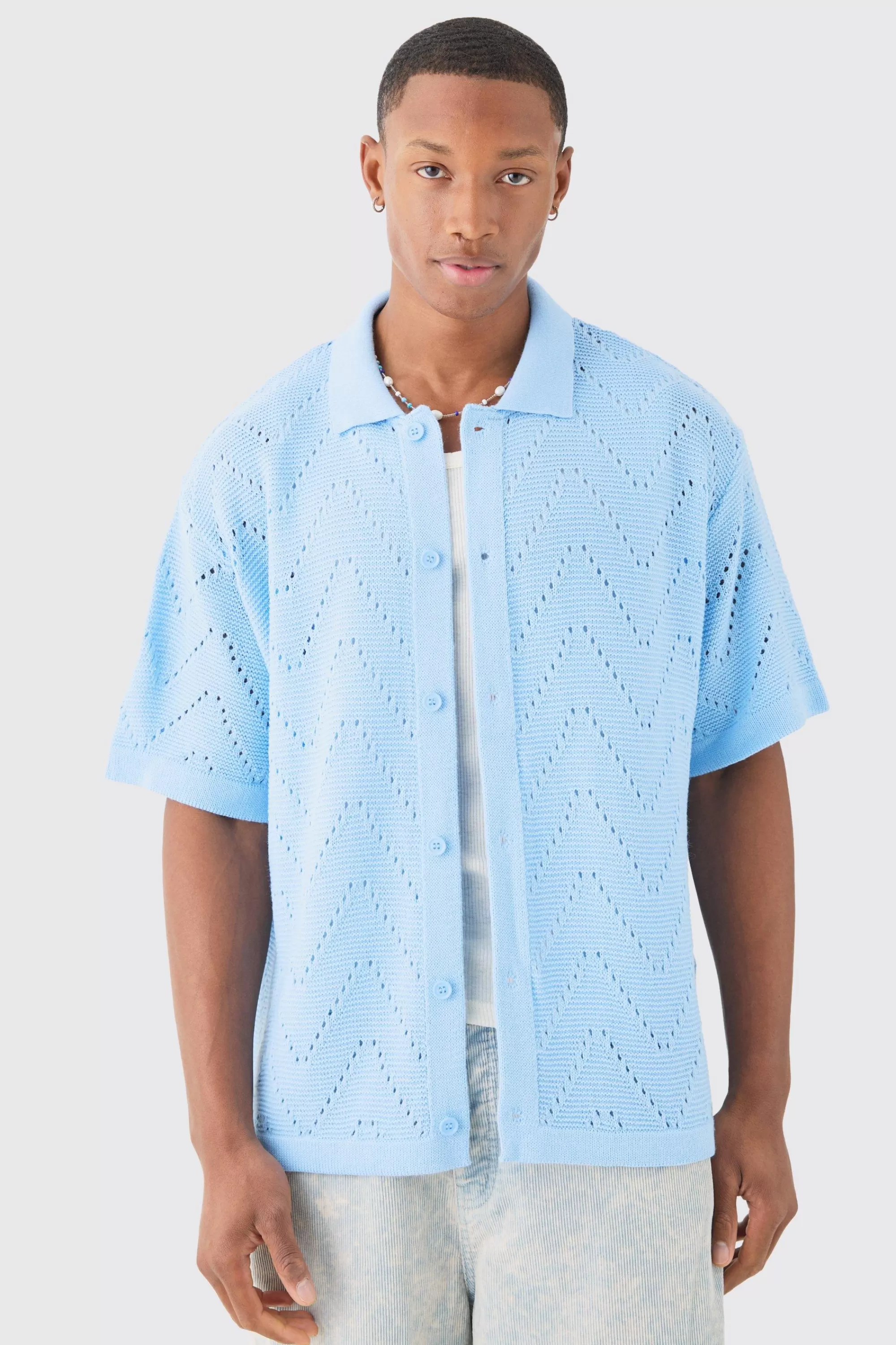 boohooMAN Short Sleeve Boxy Open Stitch Knitted Shirt | UK