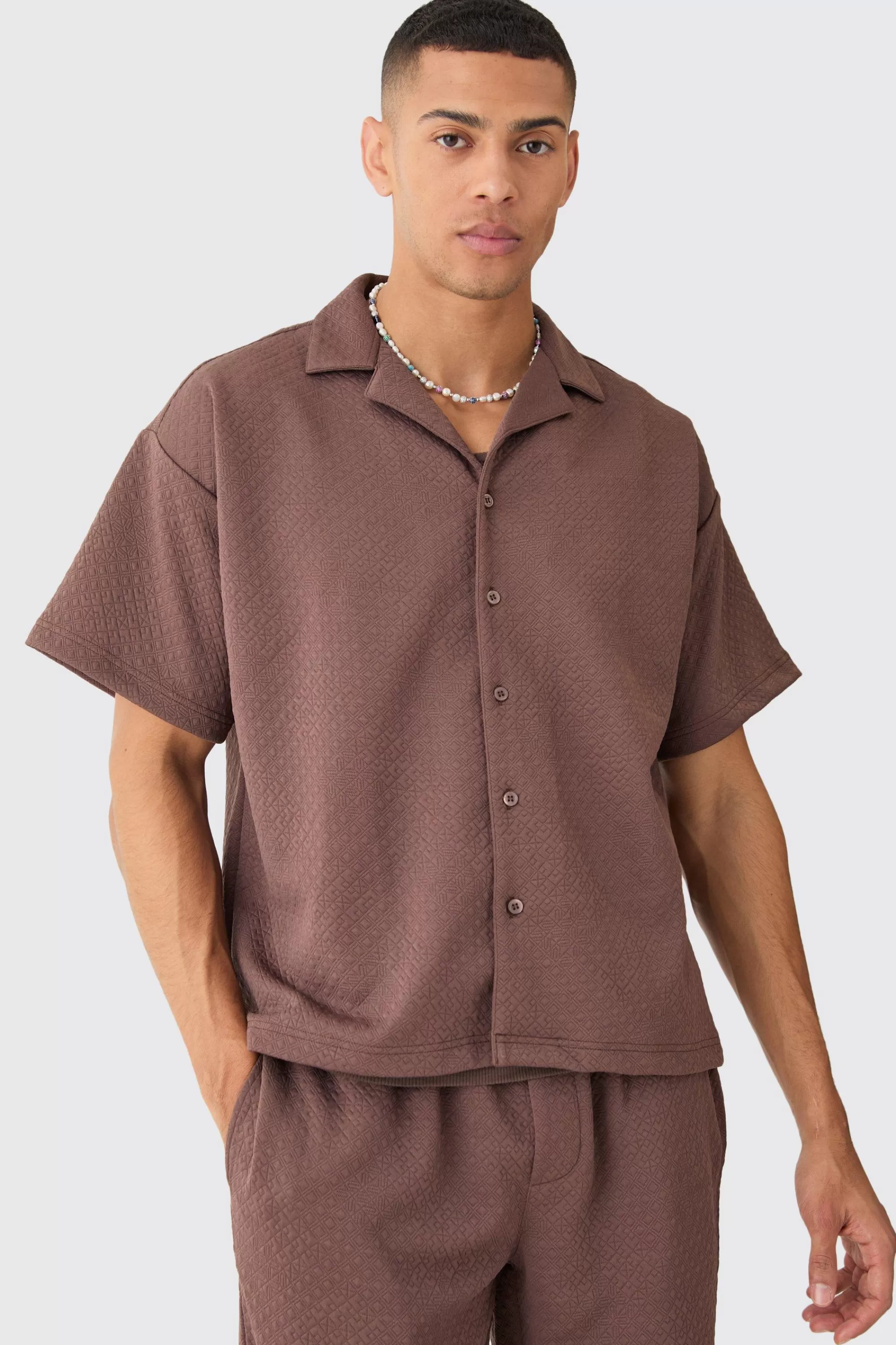 boohooMAN Short Sleeve Boxy Textured Stretch Shirt & Trouser | UK